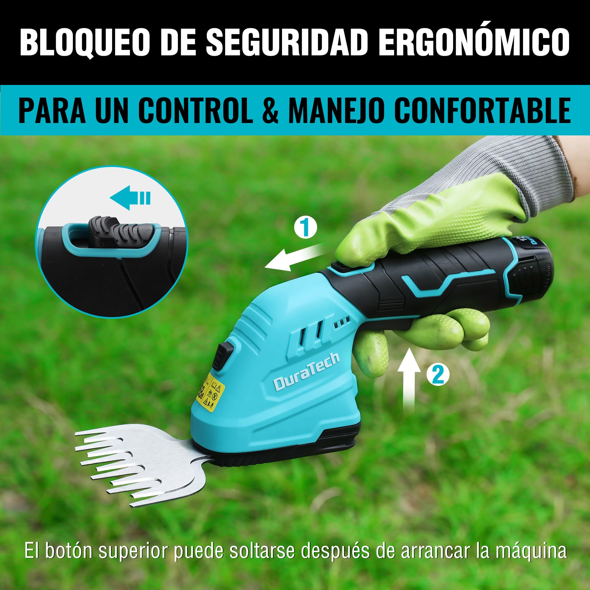 DURATECH 12V Tijera Cortacésped y Arreglasetos 2 en 1, Tijeras Eléctricos de Jardín con Alargador, Batería y Cargador, Cortasetos Eléctrico para Césped y Arbustos, para Jardinería