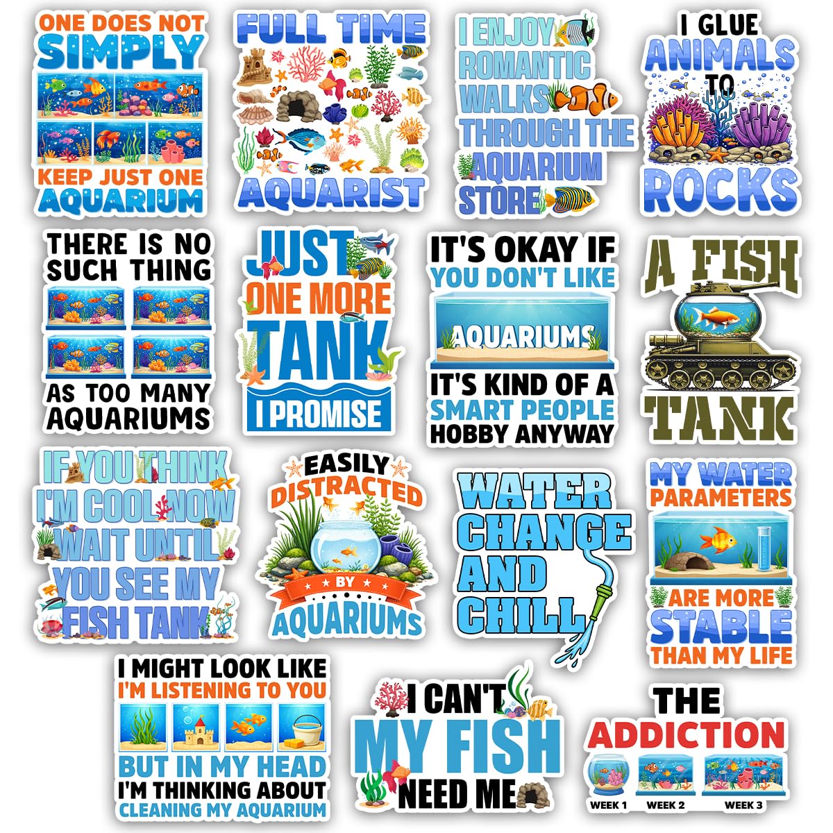 TODOLIA (15Pcs-3in) Fish Tank Sticker Pack, Coral Reef Saltwater Freshwater Aquarium Sticker, Aquarist Gift for Kids, Aquarium Decoration for Fish Tank Laptop Tablet Water Bottle Helmet Vehicles