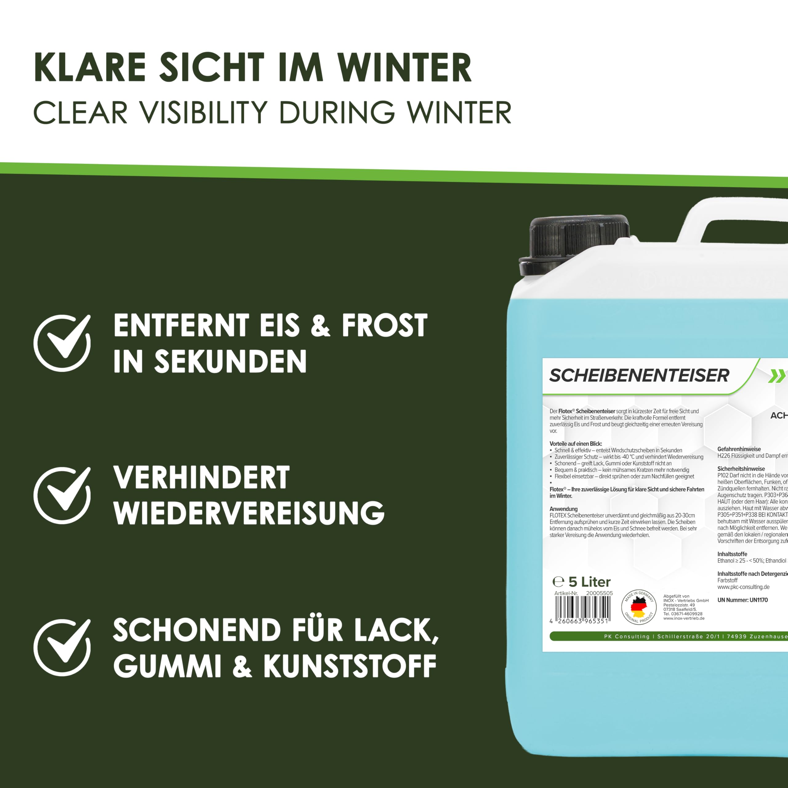 Scheibenenteiser Auto (4x5L) hochwirksam & ohne Kratzen | Scheibenfrost Enteiser Auto verhindert zuverlässig Wiedervereisung | Scheiben EIS Entferner sehr effektiv bis -40°C | Made in Germany