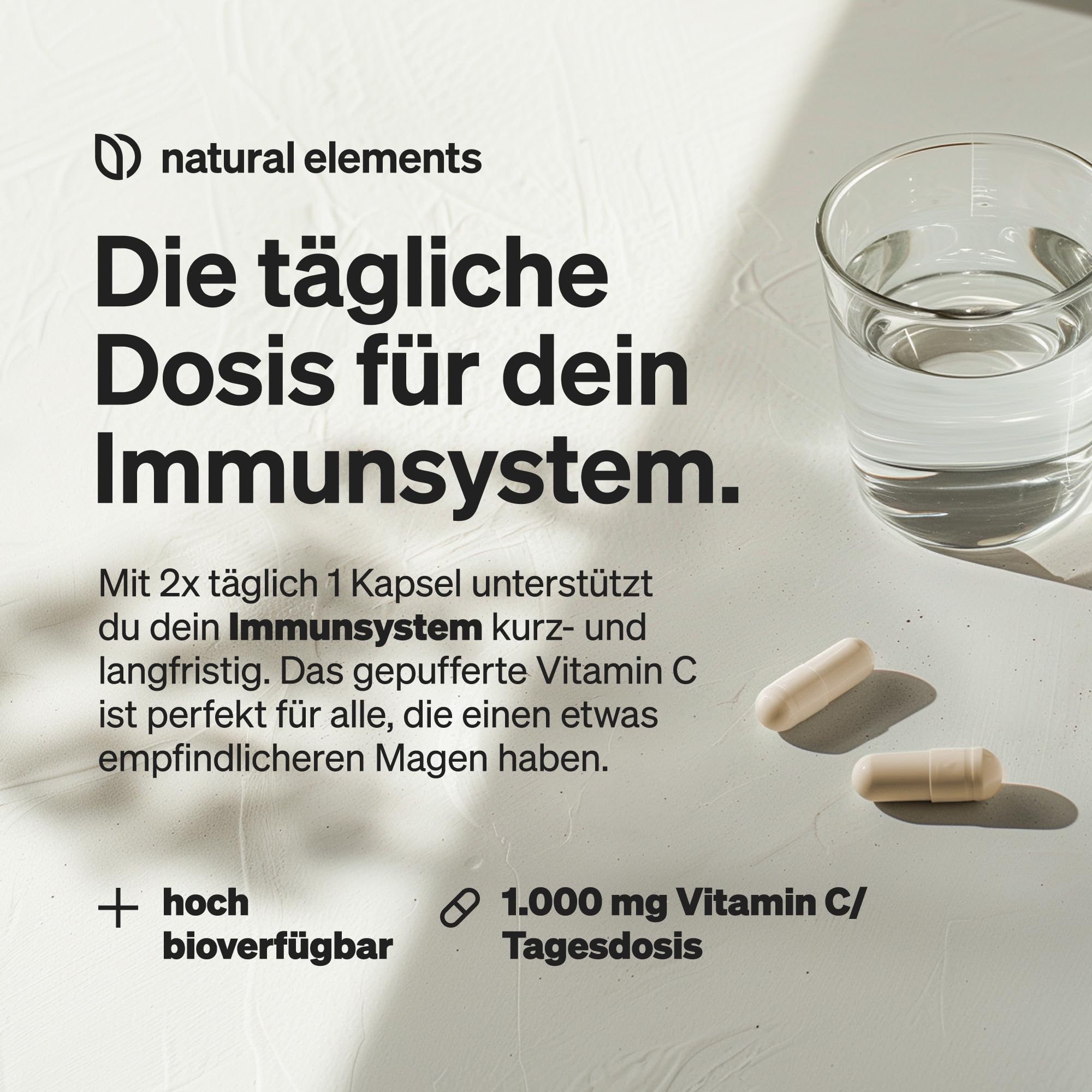 natural elements Vitamin C - 360 Kapseln - Hochdosiert mit 1000mg + 15mg Zink - Pflanzlich fermentiert & gepuffert (pH-neutral, säurefrei, magenschonend) - vegan, laborgeprüfte Qualität