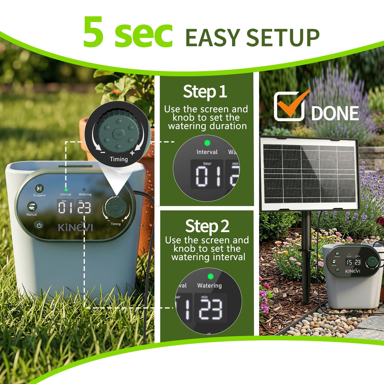 Sistema de Riego Solar para Jardín, Kit Riego Por Goteo Autorriego con 15 Micro Cabezales de Goteo, para jardín, plantas de interior y exterior, césped plantas en maceta balcón hortalizas y arbustos