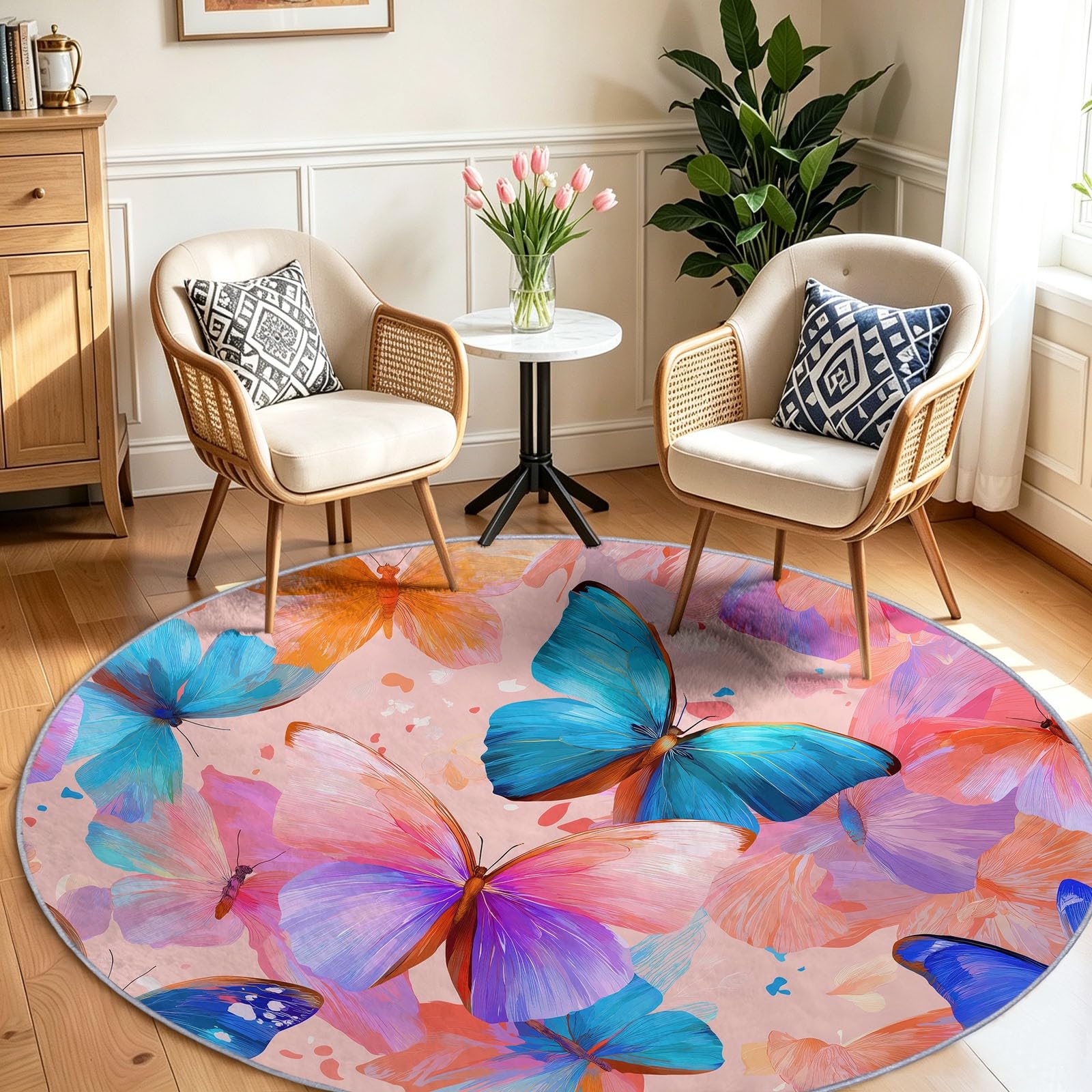 Tappeto rotondo per soggiorno, 60 cm, acquerello primaverile colorato con farfalle colorate, lavabile, per camera da letto, antiscivolo, non perde pelo, morbido, per camera dei bambini, cucina