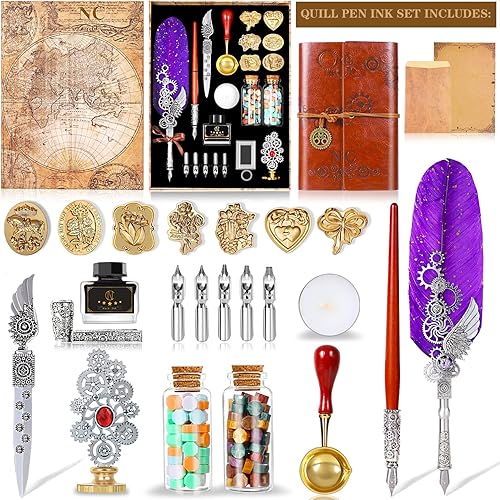 Miniatura 2 de NC Kit de sellos de cera, juego de tinta de pluma con diario de piel sintética y bolígrafo, 7 cabezales de sellos, 2 botellas de cuentas de cera,