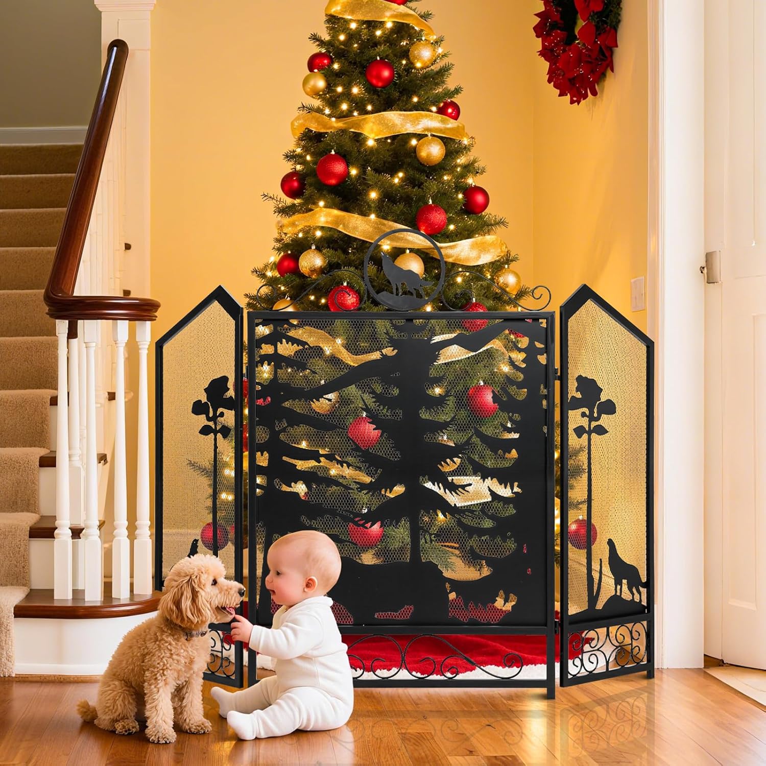 WICHEMI Fireplace Screen 3 Panel Folding Fireplace Screens Gold Metal Furnace Fireguards Mesh Cover Baby Safe Proof Fence Spark Guard Cover Wrought Iron Fire Place Standing Gate (Style 5+Style 9)