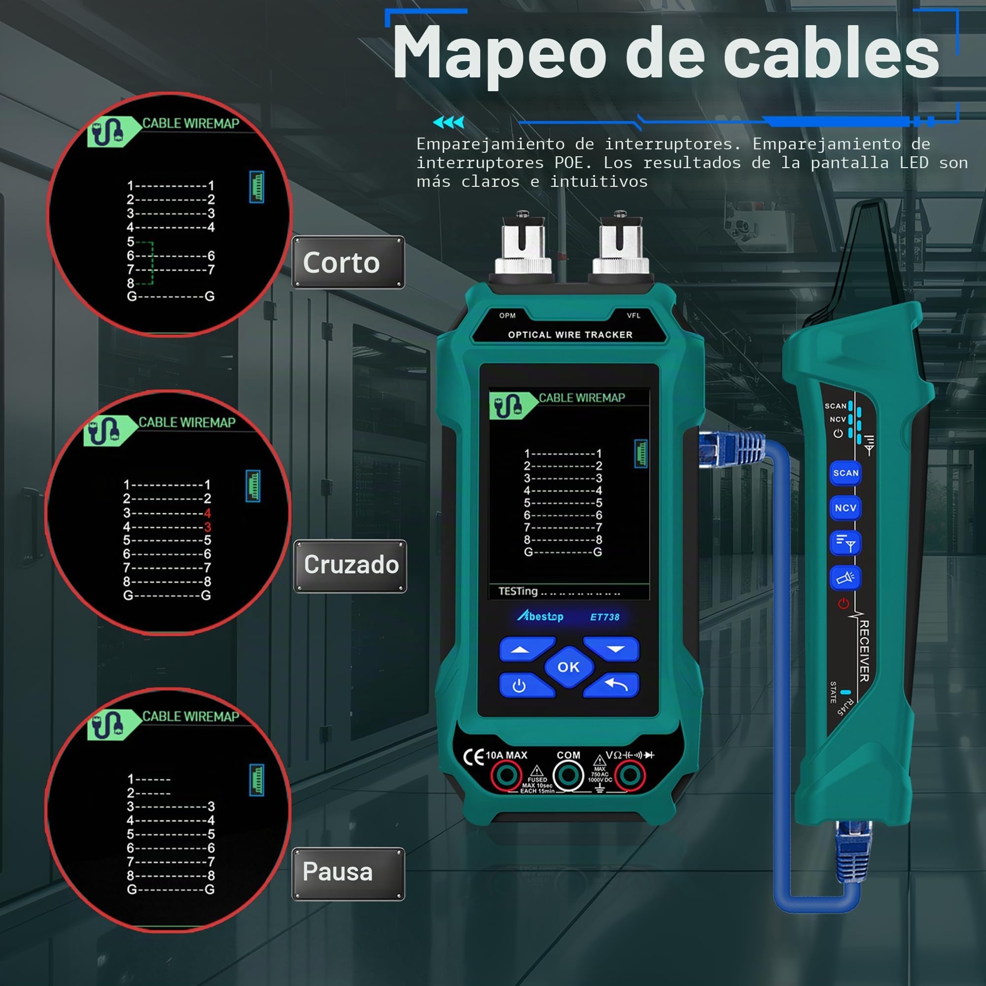 ET738 Comprobador de cable de red con multímetro Múltiples funciones | Función PoE Cable Óptico Medidor Tracer Longitud Cable Medición