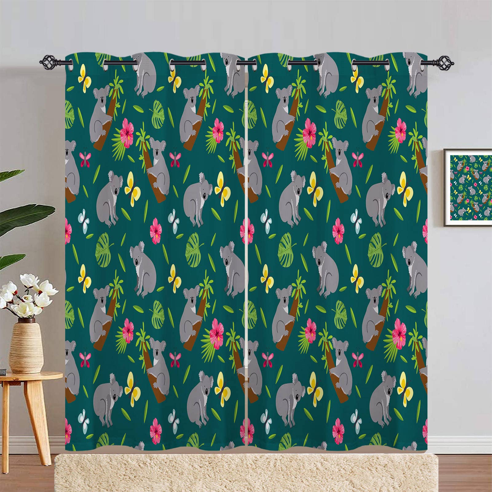 ANHOPE Koala Curtains Eyelet Thermal Insulated Blackout Curtains Jungle Wildlife Animal Koala Bear Leaf Flower Print Pattern Ring Top Drapes for Kids Bedroom Living Room 66 x 90 Inch Drop 2 Panels โ image 1