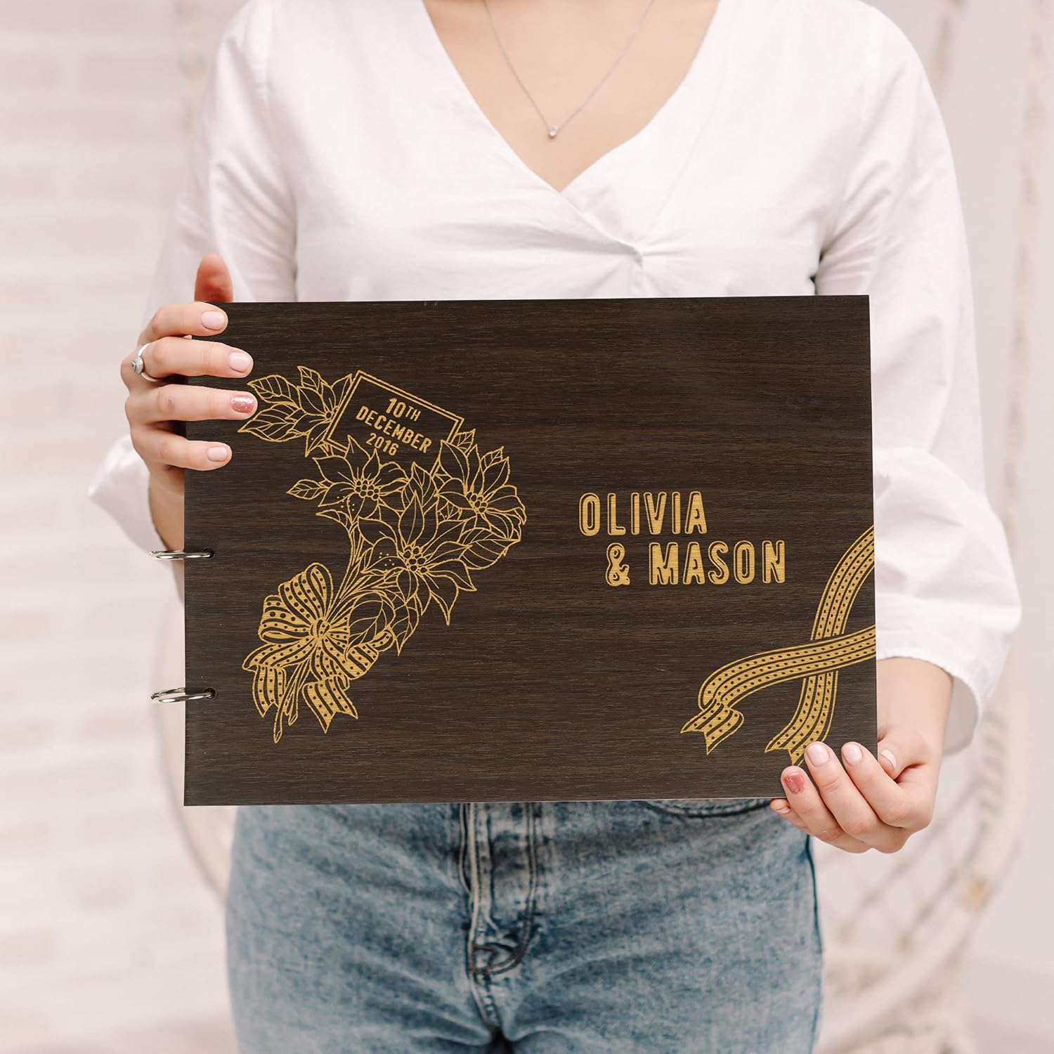 Darling Souvenir Personalized Engraved Laser Cut Wedding Guest Book Wooden Cover Sign-in Book Registry Guestbook Scrapbook-EO