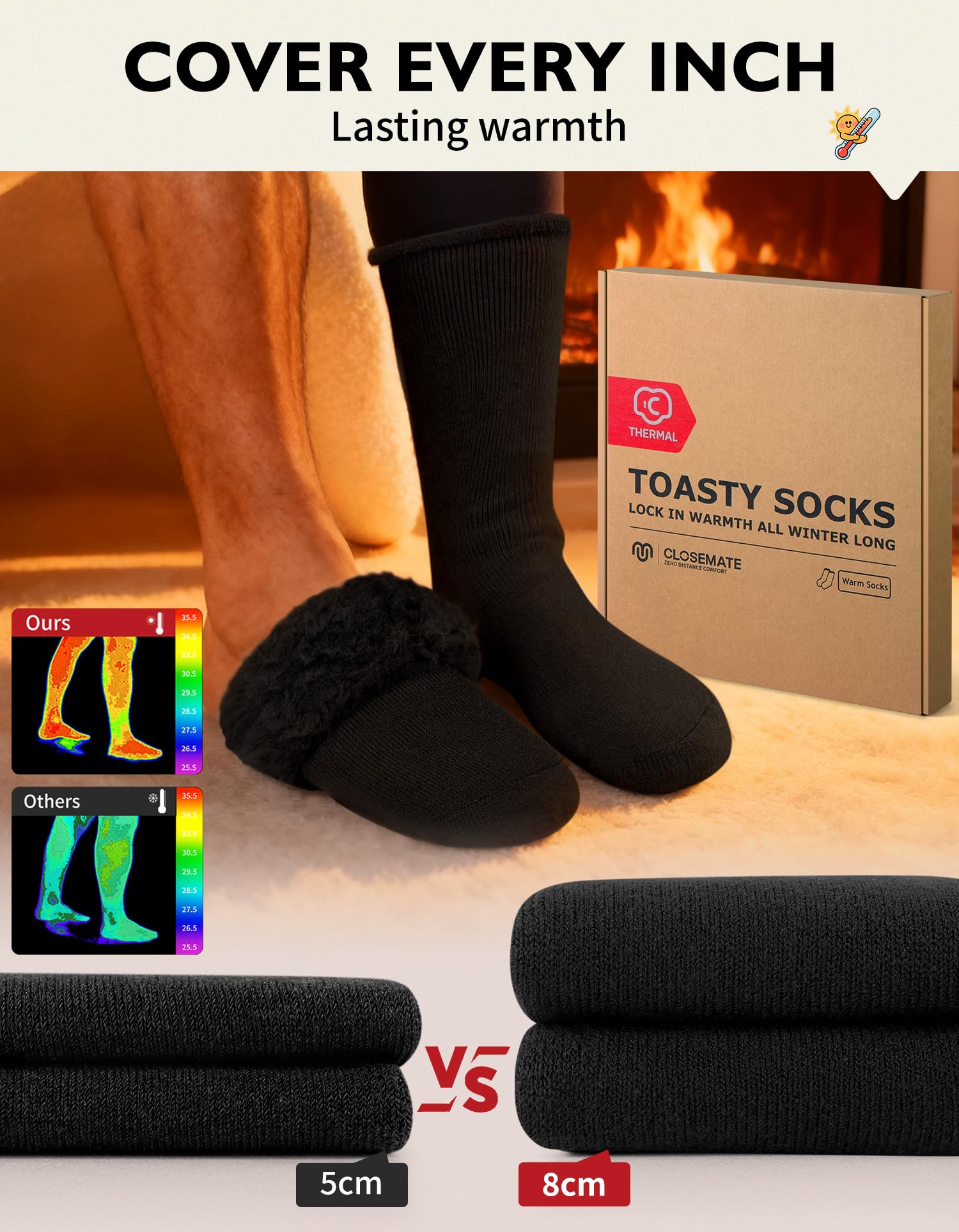 CLOSEMATE 2 Paires Chaussettes Chaudes Homme 39-42 43-46 Thermiques Épaisses Confortables pour l'Hiver en Noir Bleu Gris