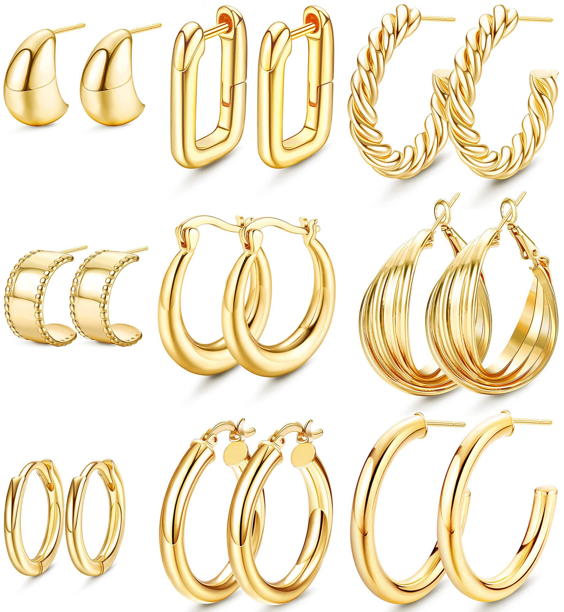 JeweBella9 Pares Pendientes de Aro Oro Gruesos para Mujer Niña Chapado en Oro de 14K Hipoalergénicos Pendientes Aro Grande Abiertos Trenzados Gruesos Dorados Conjunto de Joyería Regalos