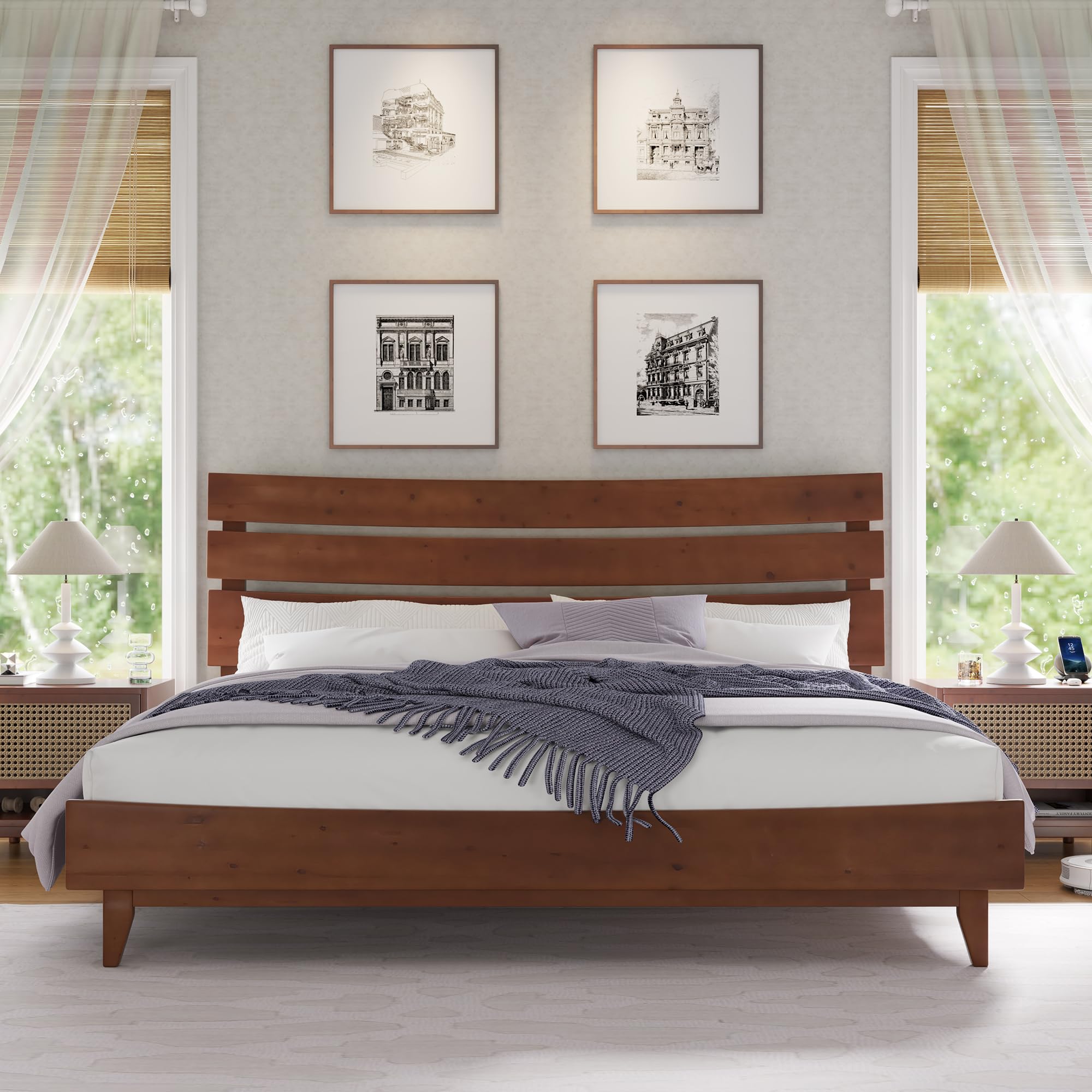 King Size Solid Wood Bed Frame, Mid Century Platform Bed with Slatted Headboard, Wood Slat Support/No Box Spring Needed/Noise Free/Walnut