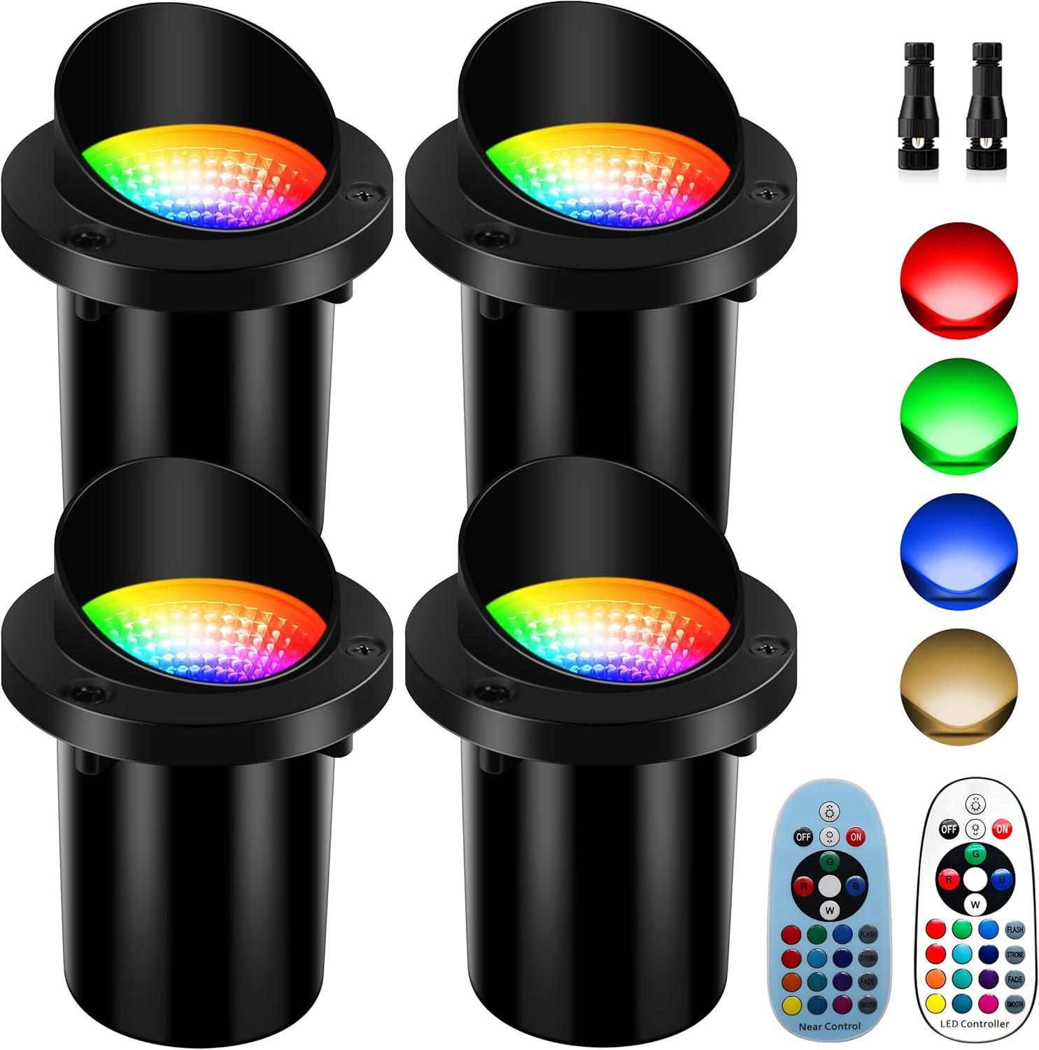 4 Pack Low Voltage Christmas Outdoor Landscape Lighting, RGBW Shielded Well Lights,Color Changing IP67 Waterproof Paver Light Pathway Light,LED Outdoor In-Ground Lights for Garden Yard Fence Deck