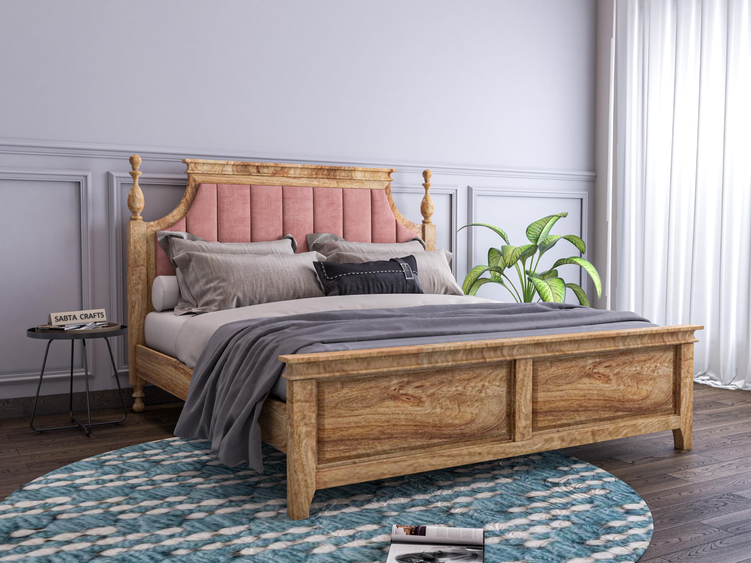 Sheeshamwallah Wooden Double Bed Without Storage | Low Height Cot with Pink Upholstered Cushion Headboard | Solid Wood Sheesham, Teak Finish | Mattress Size: 78 X 48 (B0CNRHV4ZD) Amazon Price History, Amazon Price Tracker