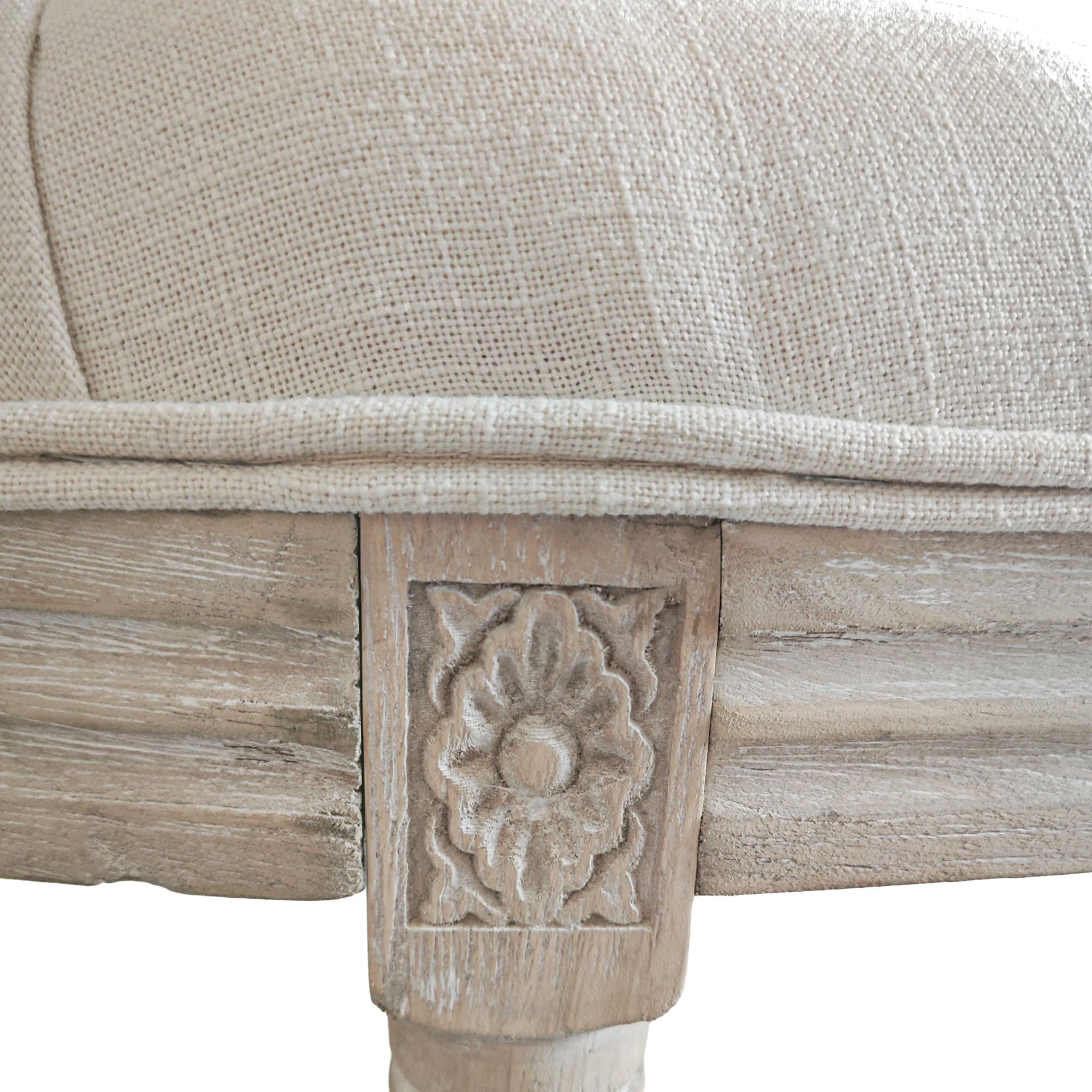 HOMCOM Banc Bout de lit Banc d'entrée en Forme Demi-Lune Capitonnée Crème | Banquette, Style Louis XVI, Structure en Bois Massif Sculpté Patiné, Siège en Tissu Aspect Lin