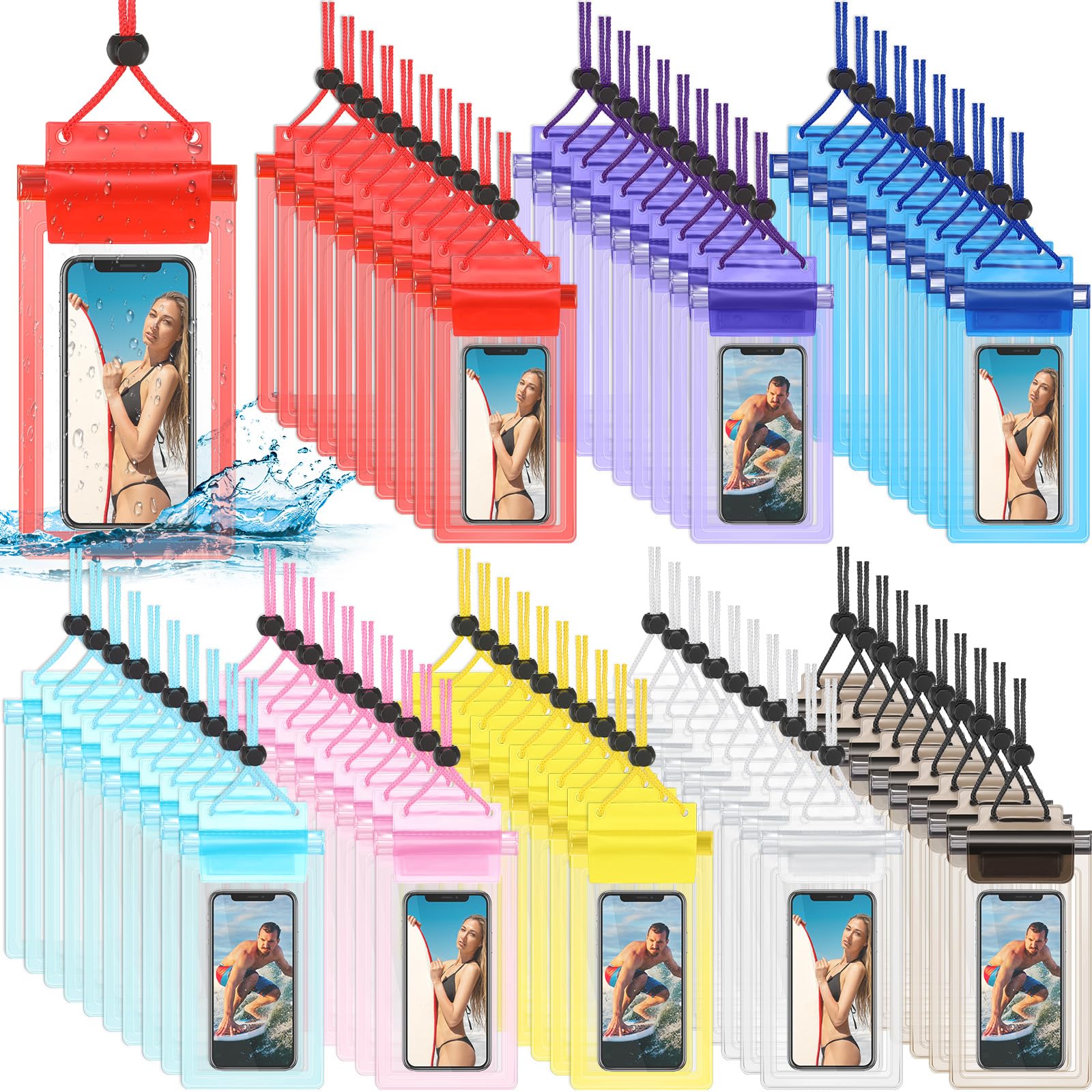 Soaoo 100 Pcs Universal Waterproof Phone Pouch Waterproof Phone Case Dry Bag with Lanyard Cellphone Dry Bag for Beach Swimming Travel Multicolor