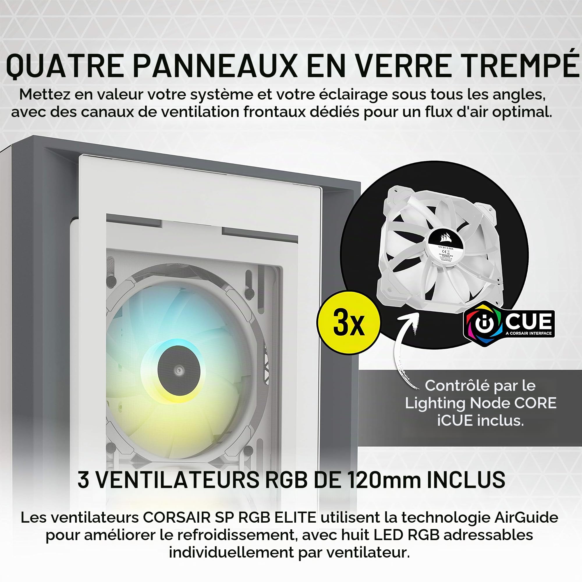 Corsair iCUE 5000X RGB Moyen-Tour Connecté en Verre Trempé Boîtier (Quatre Panneaux en Verre Trempé, Système de Câbles RapidRoute, Trois Ventilateurs RGB de 120 mm Inclus, Éclairage Intelligent) Blanc