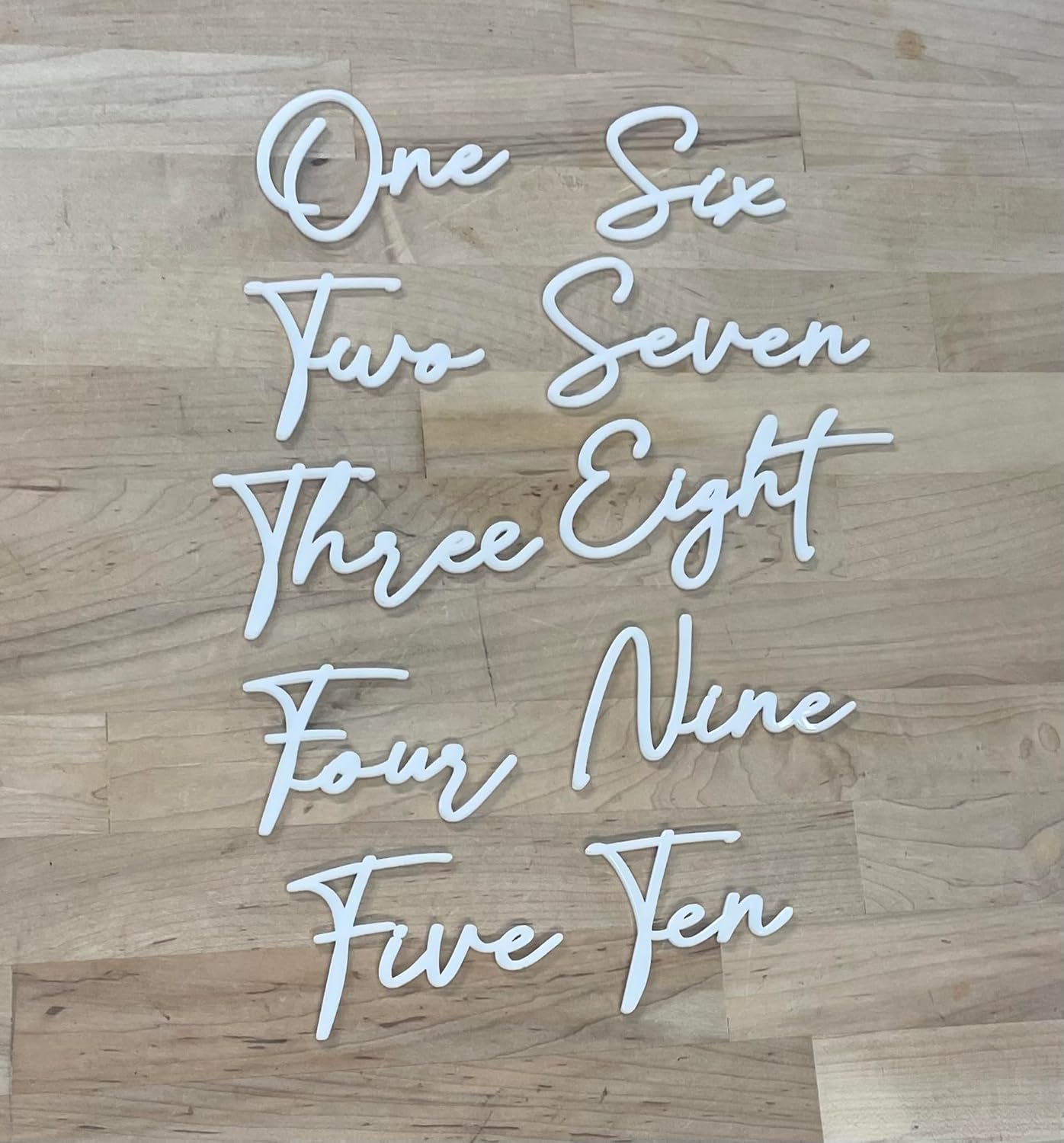 Cursive Wedding Table Number SET, DIY thin modern Black or White acrylic cutouts with silicone glue included. Words only, no backing (One - Fifteen, Gloss White)