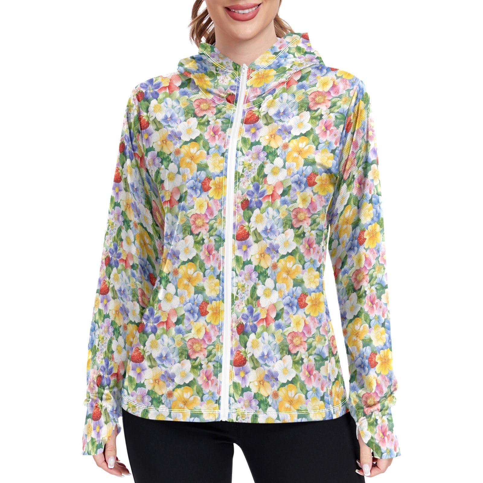 Womens Sun Protection Hoodie Jacket Lightweight Zip Up Jackets for Women UPF 50+ Clothing for Hiking Golf Cycling XL Wild Flower Floral