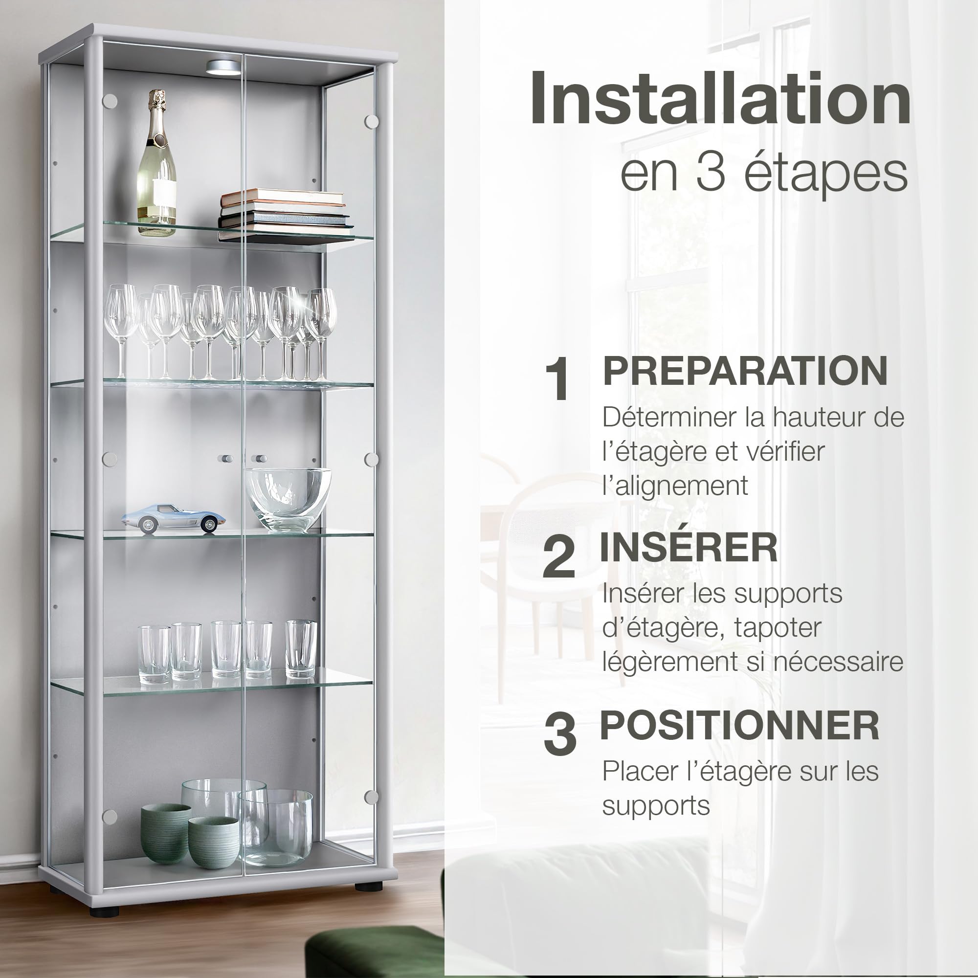 Lot de 4 étagères en Verre 625x236x4 mm Transparentes, avec Supports de 5 mm et Capuchons - Fabriqué en Allemagne - Étagères pour vitrines à 2 Portes - Extension d'étagères en Verre