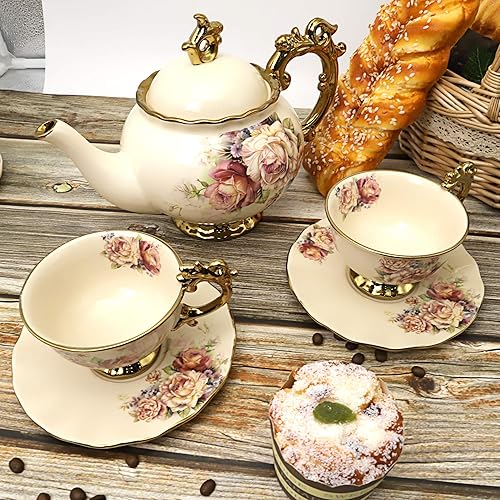 Miniatura 4 de fanquare Juego de té de porcelana británica de 15 piezas, juego de café floral vintage de China, servicio de té de boda para adultos, taza de té