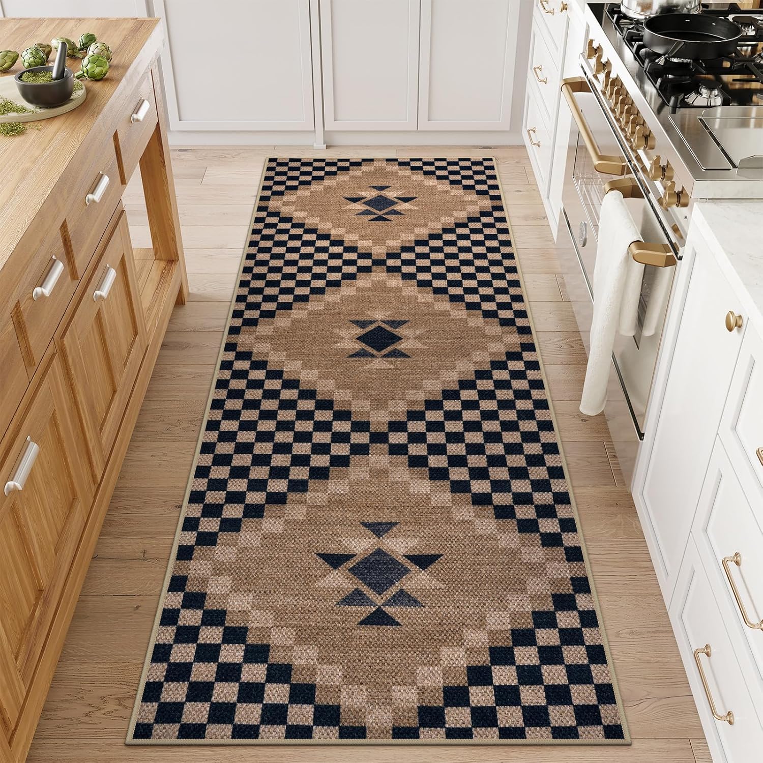 LIVEBOX Easy Jute Runner Rug for Entryway, 2x6 Runner Rug Kitchen Rugs Non Slip, Washable Black Checkered Indoor Runner Rugs for Laundry Room Bedroom, Carpet Runners for Hallway 6ft