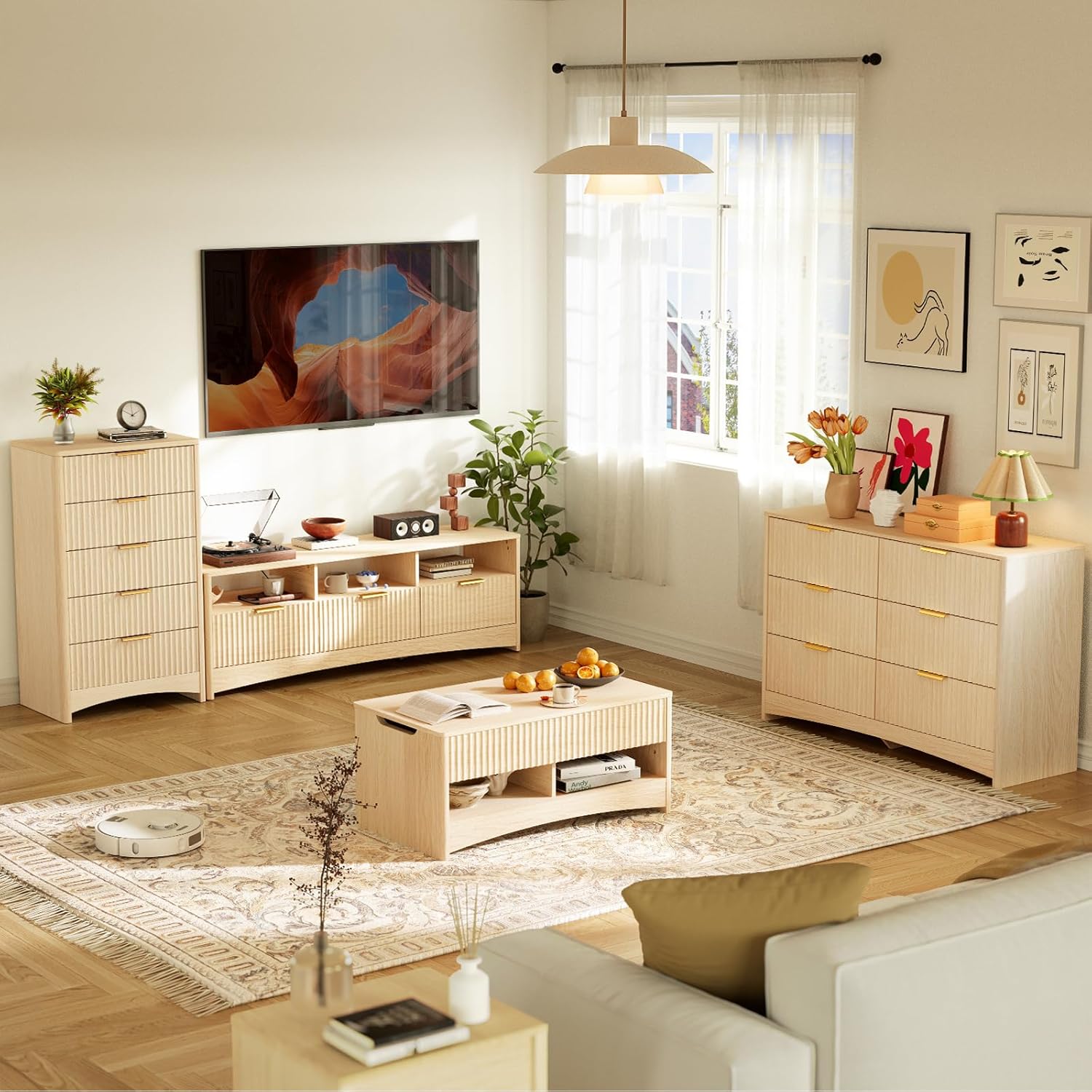 Pipishell Fluted 6 Drawers Dresser for Bedroom, 47" Wooden Drawers with Metal Handle, Kids Dressers with Round Corner Design, Closet Storage Organizer for Bedroom, Hallway, Natural Oak