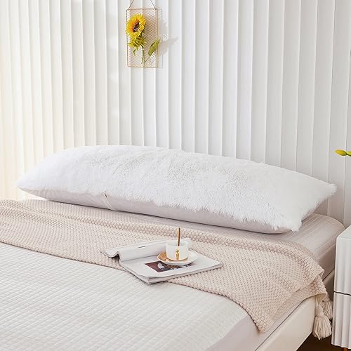 Miniatura 3 de Memfydu Funda de almohada corporal esponjosa de piel sintética, funda de almohada de terciopelo lanudo de felpa blanca, 1 unidad, cierre de