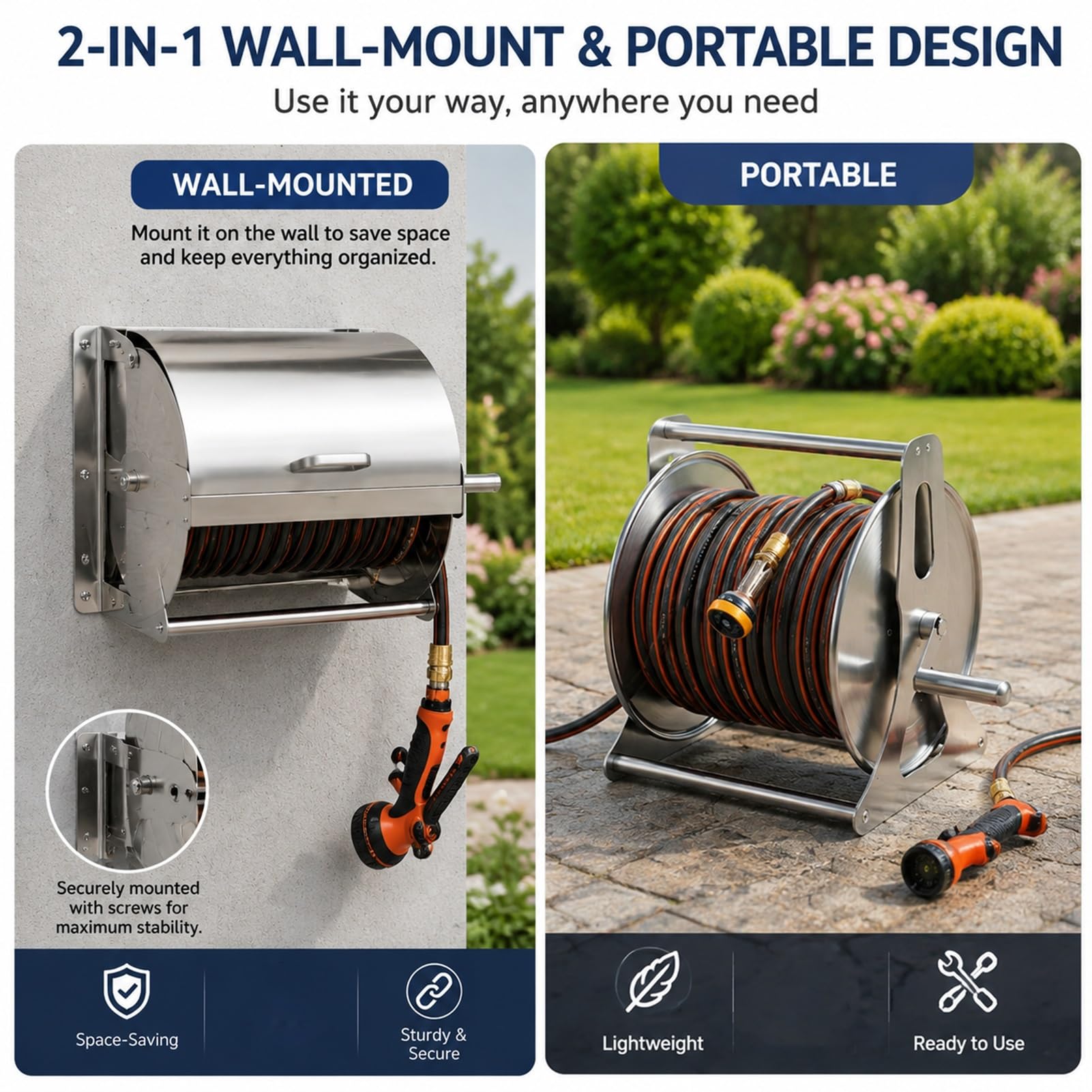 Stainless Steel Garden Hose Reel Wall Mount Heavy Duty Zwijacz Węża Ogrodowego z Rączką do Nawadnianie Ogród Taras Garaż Użycie Zewnętrzne Trwały i Solidny(Wall-Mounted)