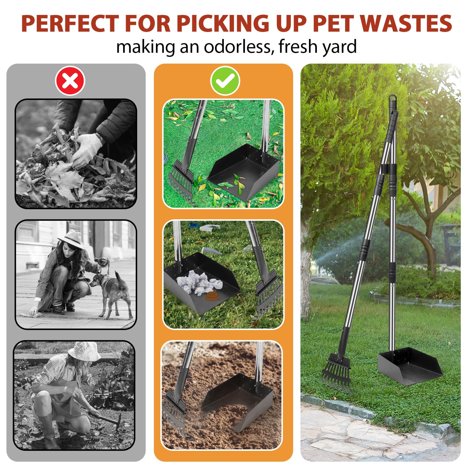 Ramasse crottes pour Chien avec Manche Long de 96 cm – râteau et bac en métal détachables – pour Chiens Grands, Moyens et Petits – Idéal pour Jardin, Herbe, Terre ou Gravier