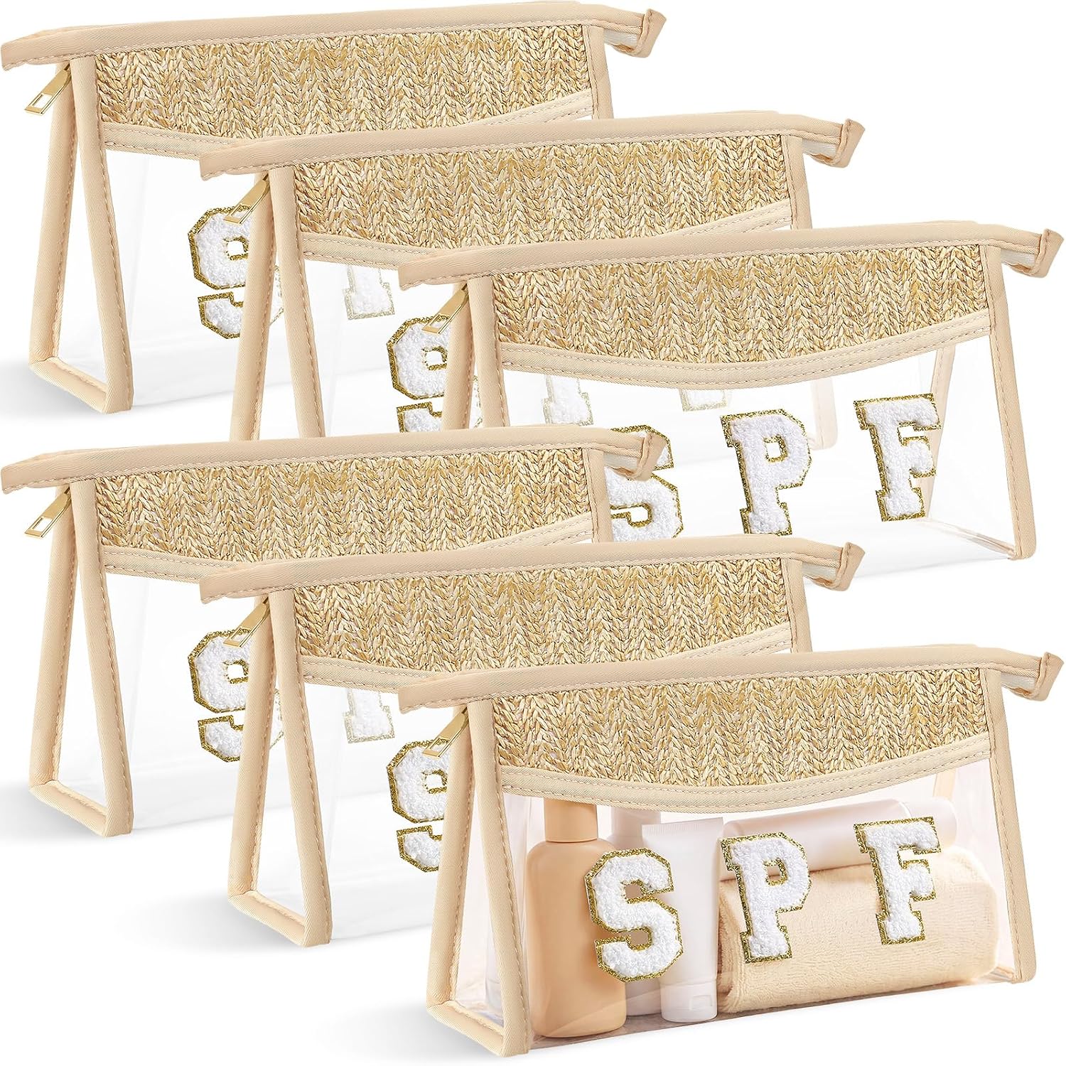 Kajaia 6 Pcs Spf Bag for Beach Boho Straw Clear Spf Makeup Bags for Women