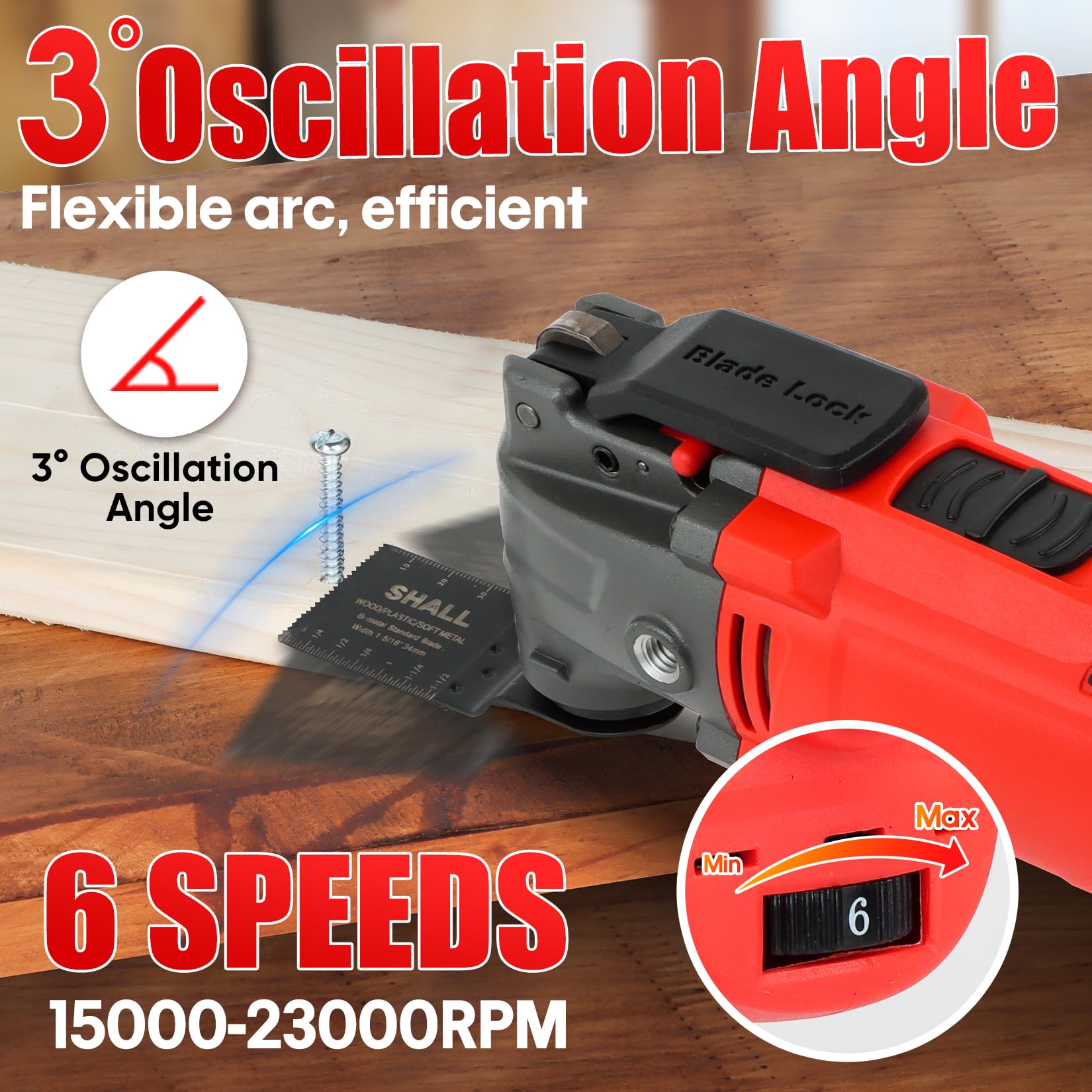 SHALL Oszillationswerkzeug, 300-W-Oszillations-Multitool-Set mit 3°-Schwenkwinkel, Schnellwechsel- und Rückschlagschutz, 6 Geschwindigkeitsstufen, Zusatzhandgriff, 40-teiligem Sägenzubehör