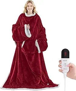 Heated Blanket Wearable Electric Blanket with Foot Pocket and Sleeves, Heating Throw Blanket, Electric Snuggle Blankets, 6 Heating Levels Setting & 4 Hours Auto Shut Off, Machine Washable (Long, Wine)