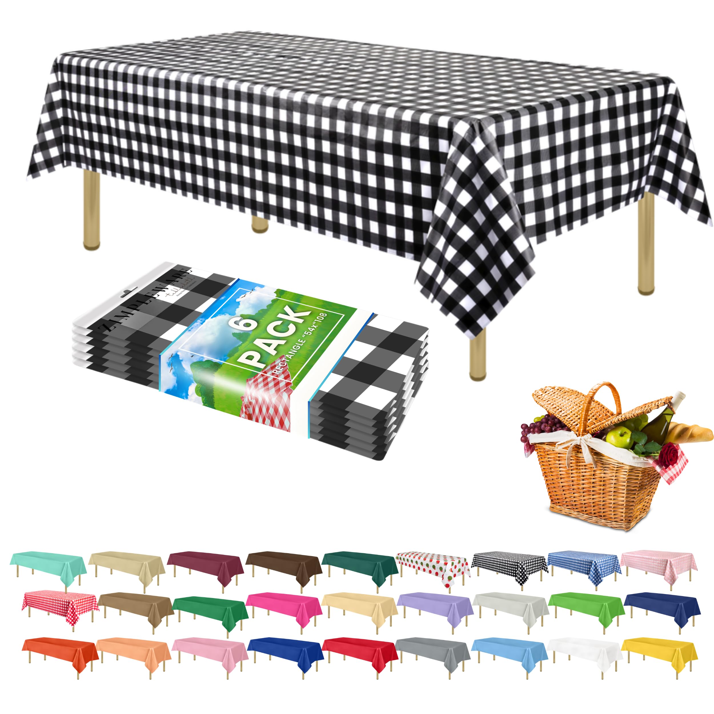 ZIMPLEWARE Black Checkered Gingham 6 Pack Standard Disposable Plastic Party Tablecloth 54 Inch. x 108 Inch. Rectangle Checkered Racing Flag Table Cover — image 1