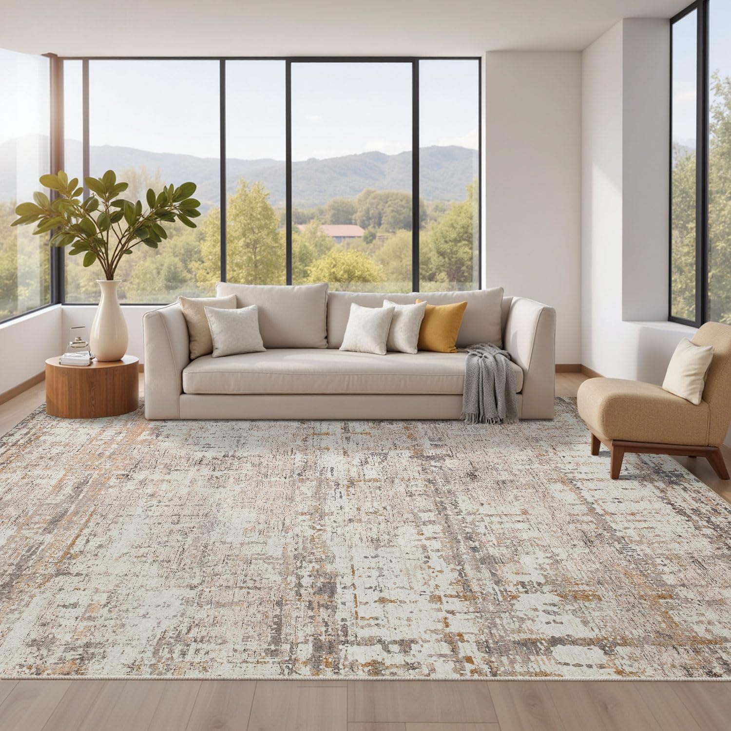 8x10 Modern Abstract Area Rugs,Large Soft Rugs for Living Room,Neutral Washable Rug,Beige Rugs for Bedroom Dining Room, Non-Slip Foldable Thin Indoor Carpet, Stain Resistant(Beige Grey)