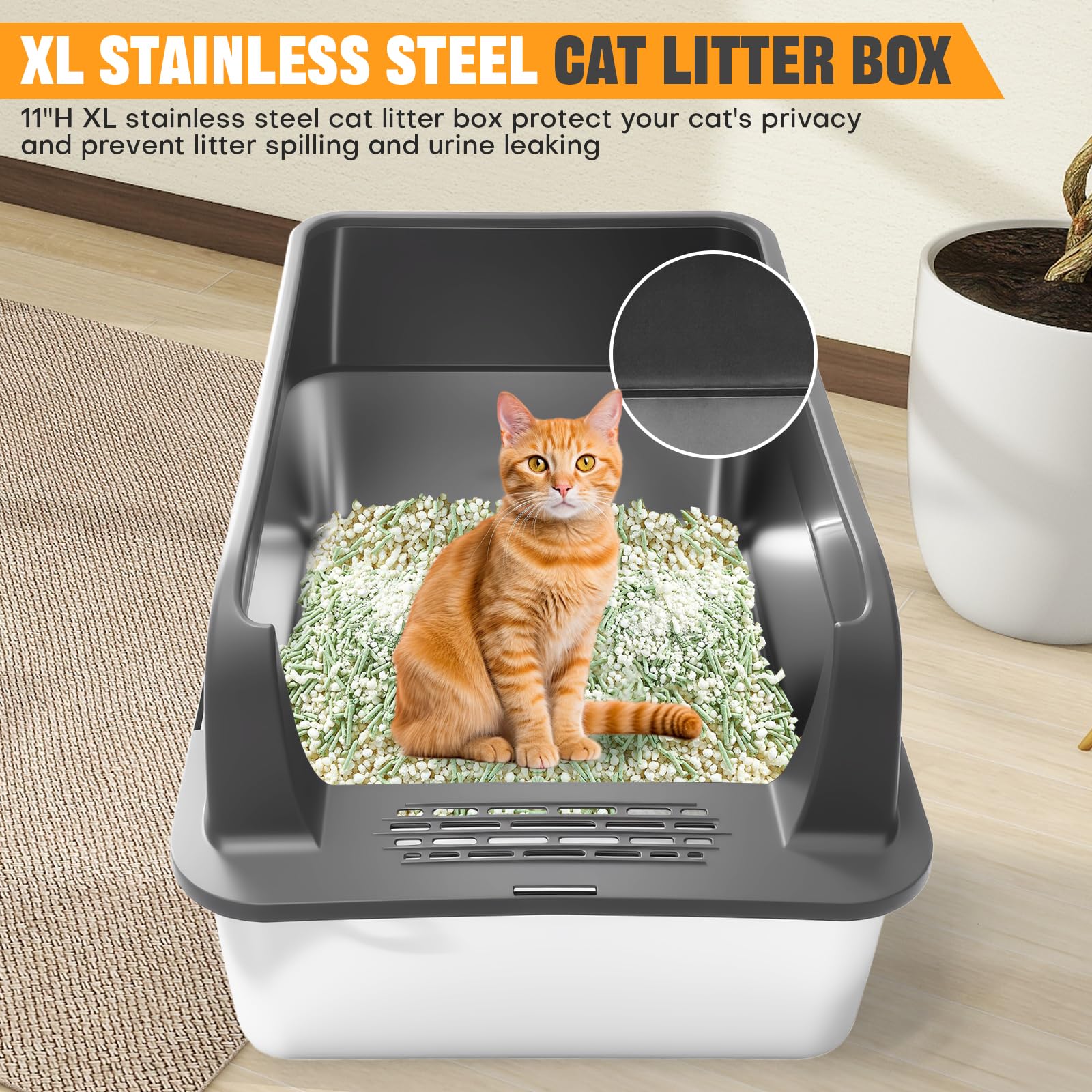 Homegroove Juego de 2 cajas de arena para gatos de acero inoxidable, 58 x 38 x 28 cm, XL, metal, para gatos grandes, con tapa y borde alto, incluye pala, fácil de limpiar (gris oscuro)