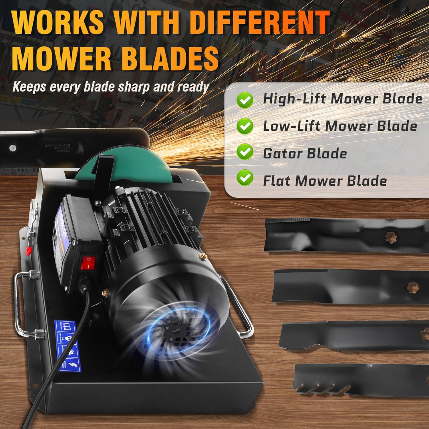 SporGain Lawn Mower Blade Sharpener 2/3 HP, Lawnmower Blade Sharpener with 20 Sandpapers 60/180 Grit, Heavy-Duty Mower Sharpening Machine for High/Low Lift, Gator & Flat Blades