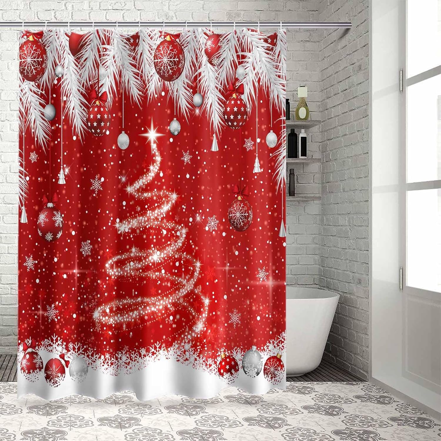 Christmas Shower Curtain for Bathroom Stalls and Tub, Red Sparkle Ornaments Bath Curtain White Xmas Tree Pine Needle Decorative Shower Curtains with 12 Hooks Waterproof Fabric 54"x78"