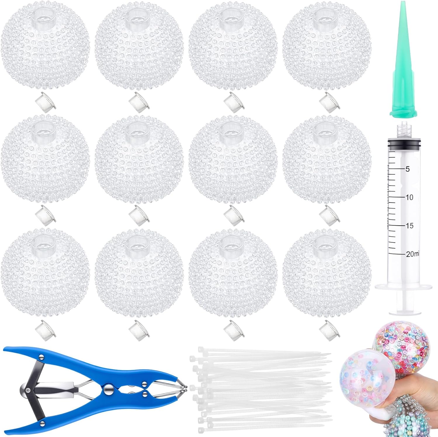 12 Pcs DIY Stress Ball Making Kit, Blank Stress Pressure Ball Skin Kit with Vacuum Evacuating Device & Expander Tool Make Your Own Fidget Pressure Balls for Adults(Milky and Clear)