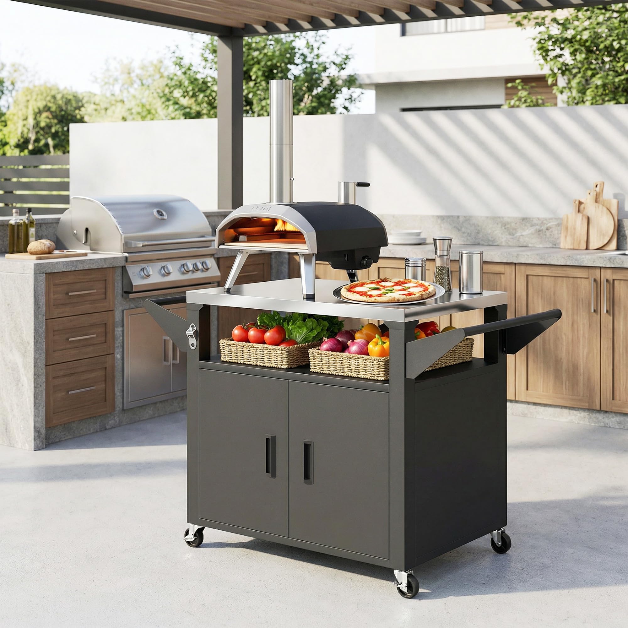 Outsunny Desserte Jardin avec Plan de Travail Inox - Chariot Barbecue à Étagère Coulissante - Meuble Cuisine Extérieur avec Armoire de Rangement pour Table Four à Pizza et Plancha, Noir