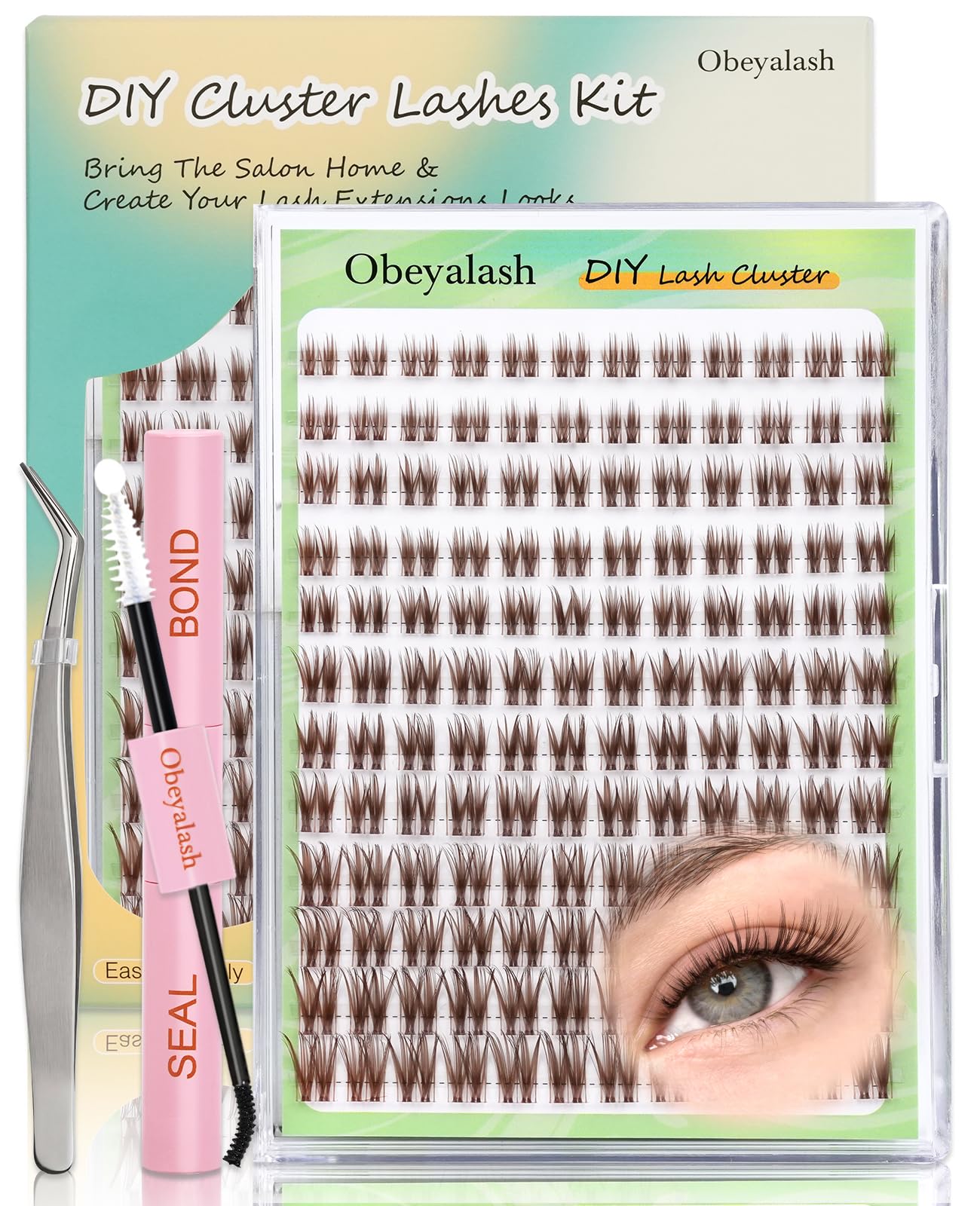 Obeyalash Sztuczne rzęsy brązowe rzęsy - zestaw do przedłużania rzęs 144 szt. brązowe lash klaster zestaw C Curl Clear Band Cluster Lashes Natural With Bond and Seal 8-16 mm DIY at Home (FD29)