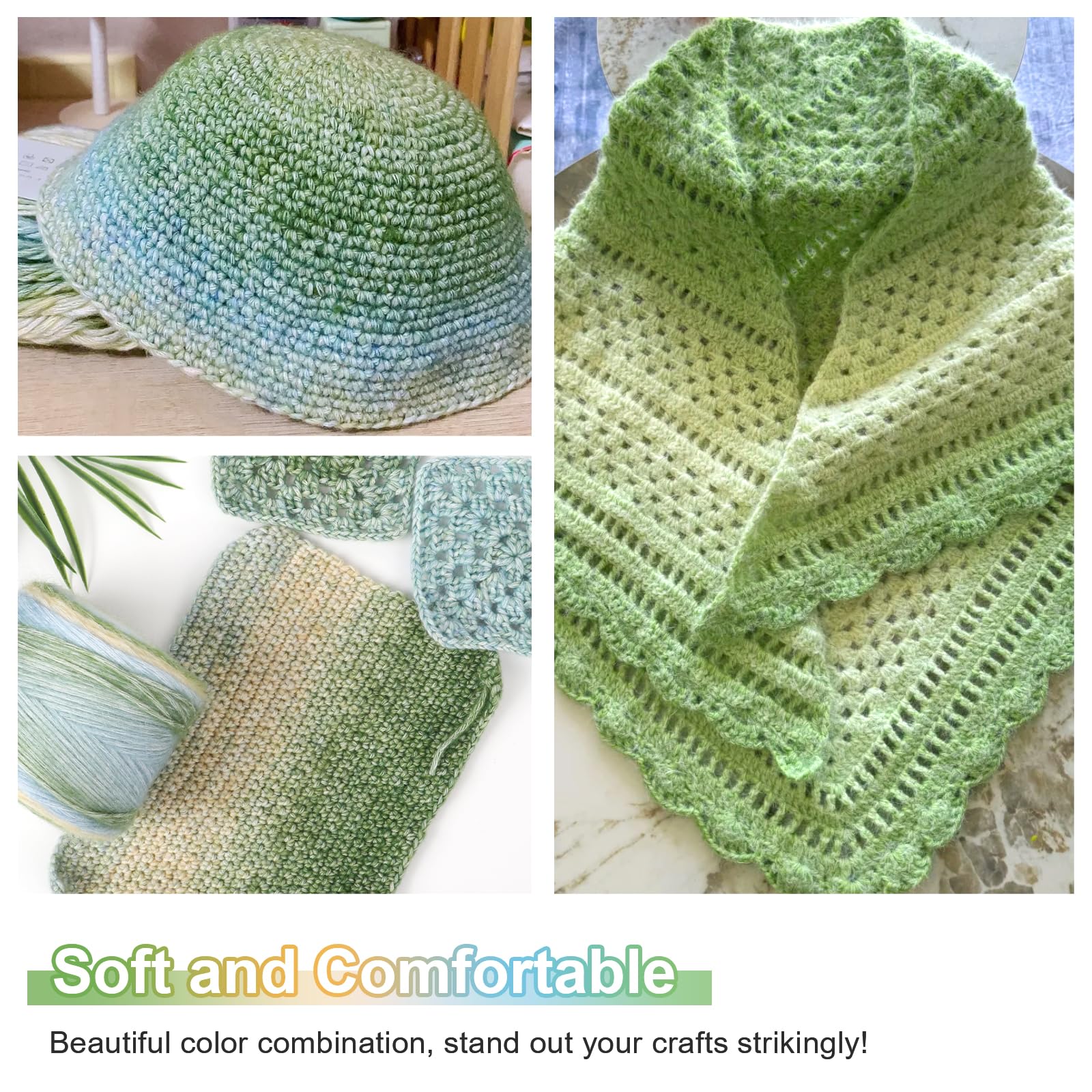 Aeelike Farbverlaufsgarn zum Häkeln, weiches Ombré-Märchenland-Garn Nr. 3, leicht mit leuchtenden Farben, 6 x 100 g, 245 m, für Bastelarbeiten, bunte Deckenschals, Mützen, grüner Farbverlauf