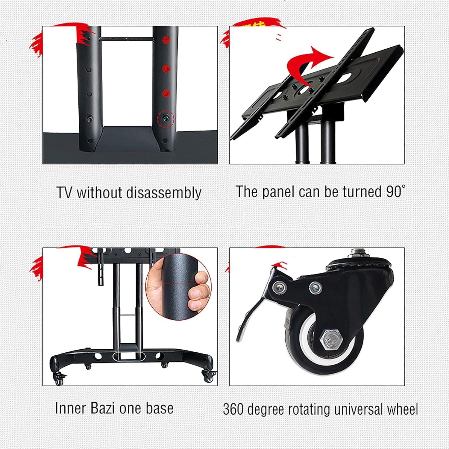 TV Stand Mobile TV Cart Tilting and Rolling TV Cart Suitable for 32 to 65 Inch LCD Flat Screen TVs, Rotatable 360 ° and Adjustable Height