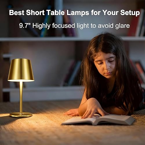 Miniatura 9 de Paquete de 2 lámparas de mesa inalámbricas doradas recargables, lámpara de mesita de noche pequeña de metal con 3 postes ajustables, lámpara táctil