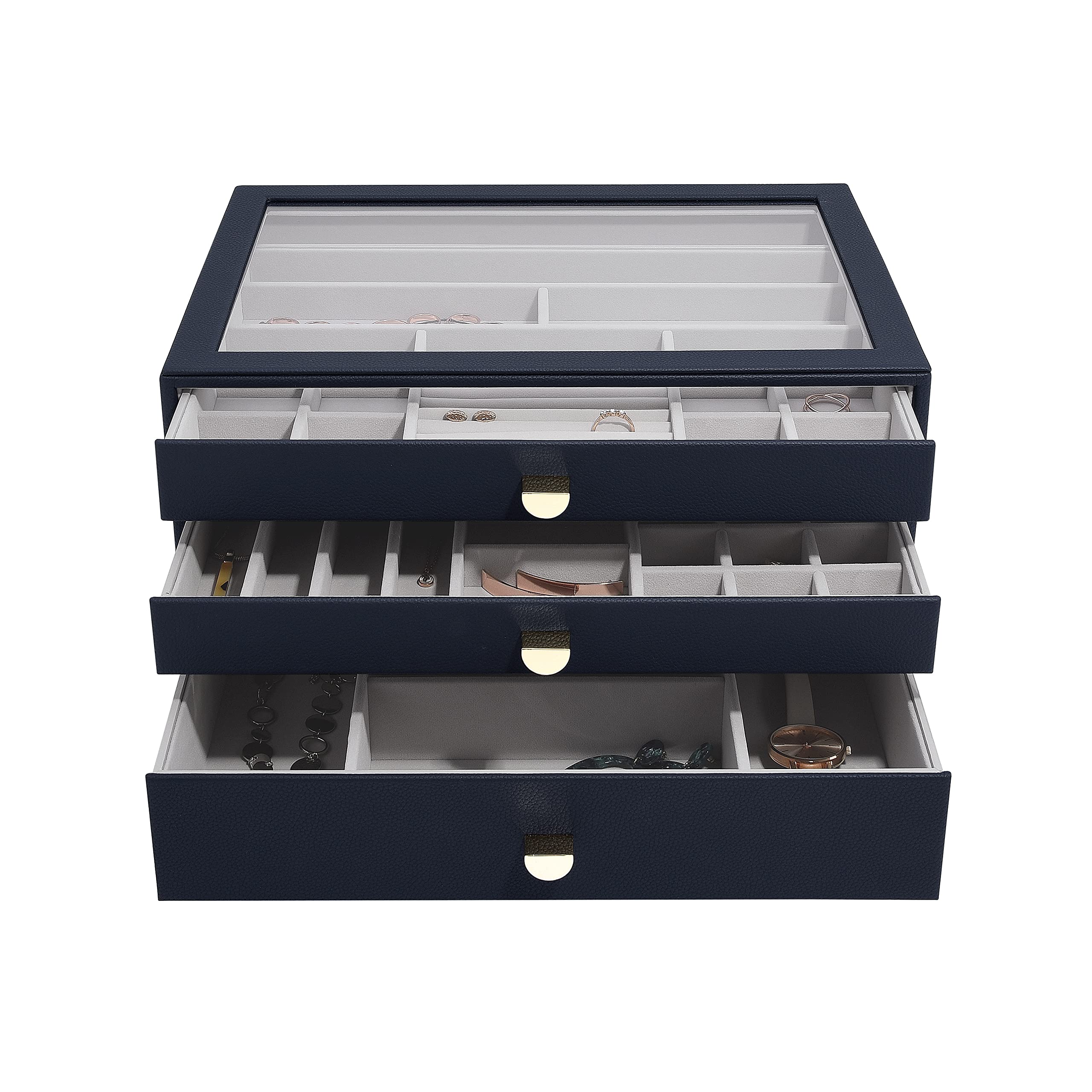 Stackers Navy Pebble Supersize Jewellery Box - Set of 3 (with drawers)