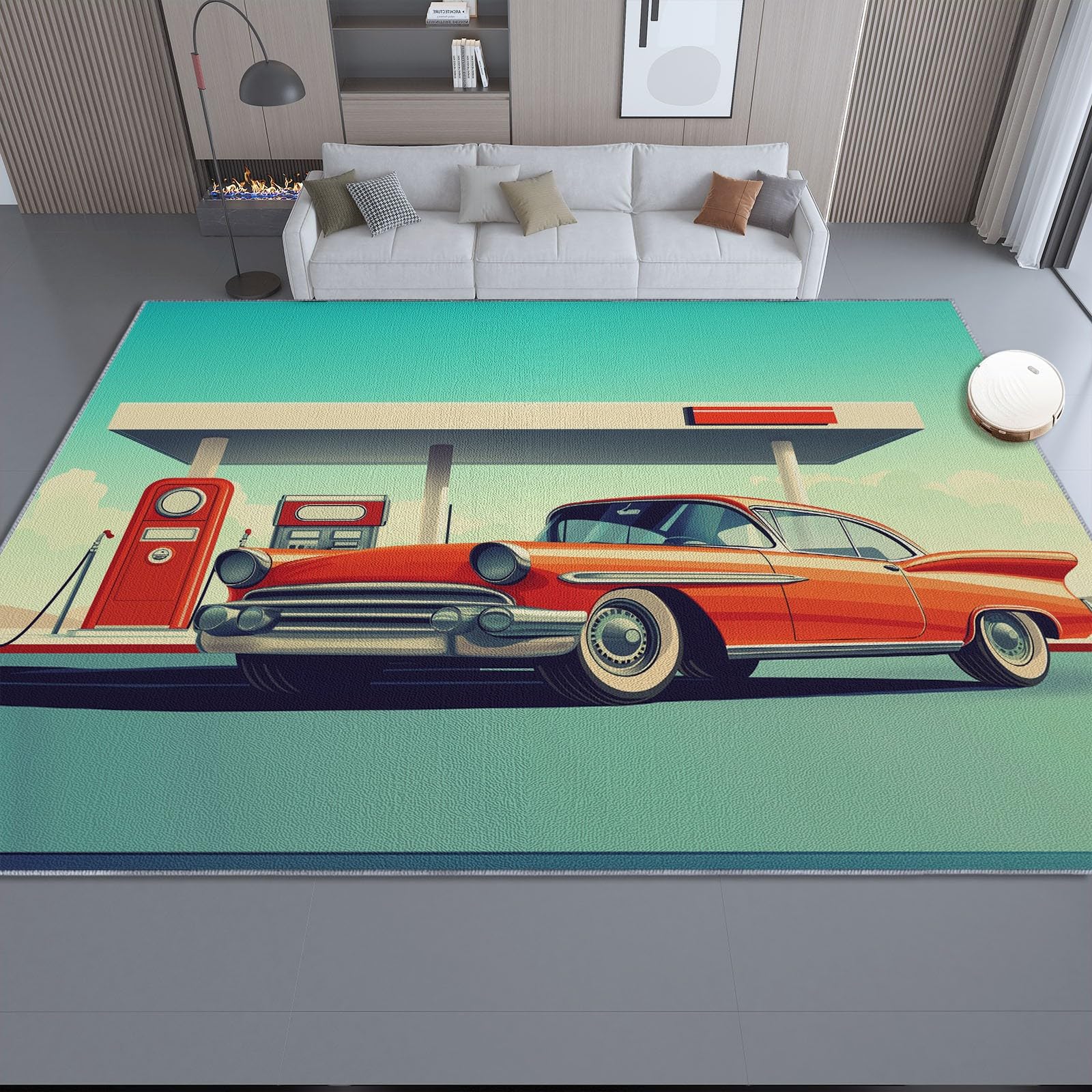 Dywan do salonu 160 x 230 cm Można prać w pralce Duży dywan Sypialnia Dorosły Retro Samochody Stacje Obsługiwane Miękkie Łóżko Downhill Dekoracja Sypialni Jedzenie, Czerwony