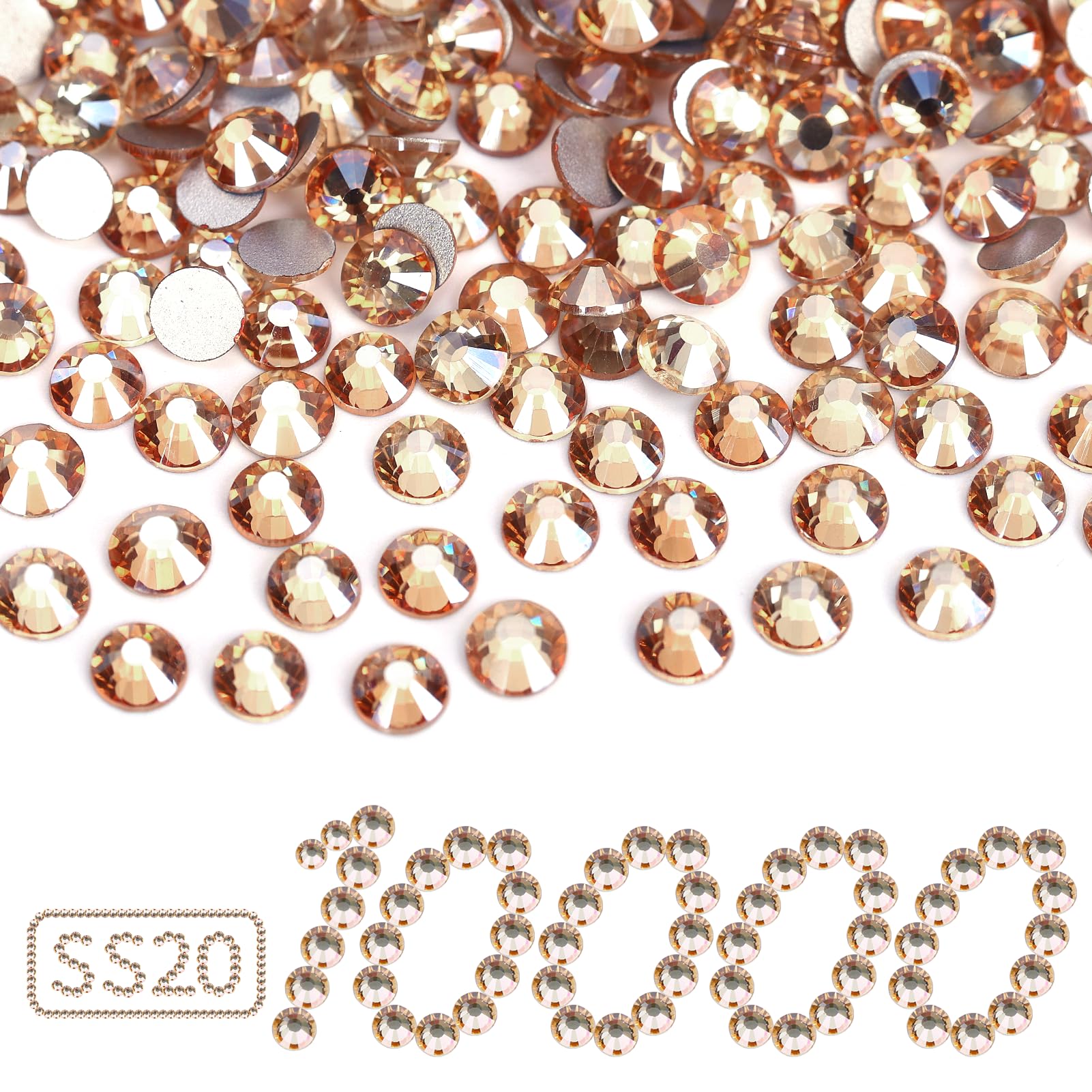 10000PCS Golden Shadow Rhinestones Bulk, Flat Back Crystal Glass Stone Round Gems,SS20, 4.6-4.8mm