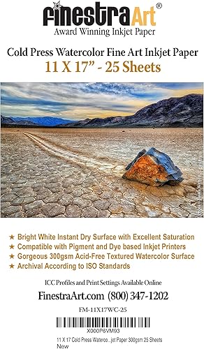 Papel para inyección de tinta de arte fino de acuarela de prensa en frío de 11 x 17 pulgadas, 25 hojas