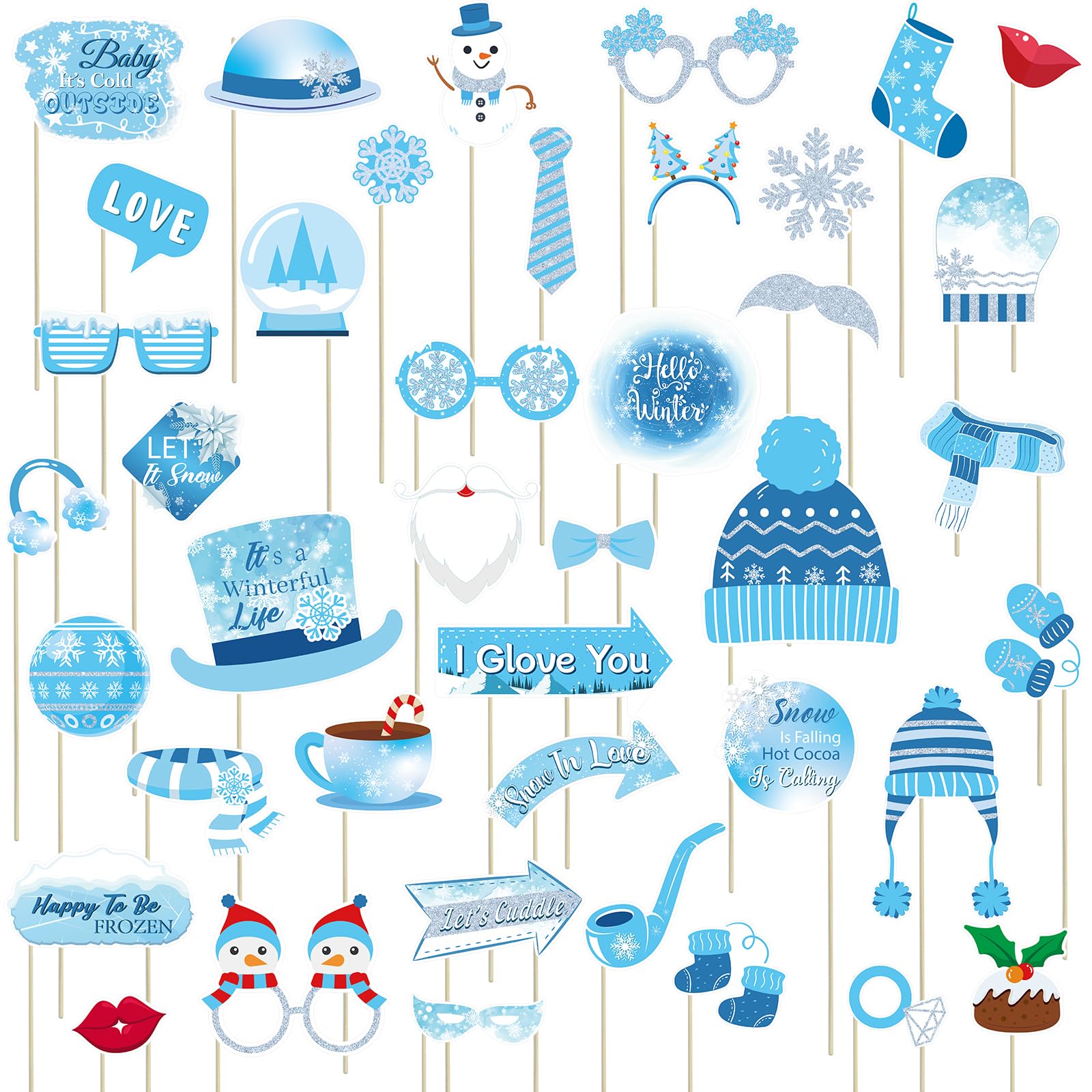 41 Pcs Winter Wonderland Photo Booth Props Snowflake Photo Booth Props Winter Wonderland Party Decorations for Winter Holiday Christmas Party Supplies