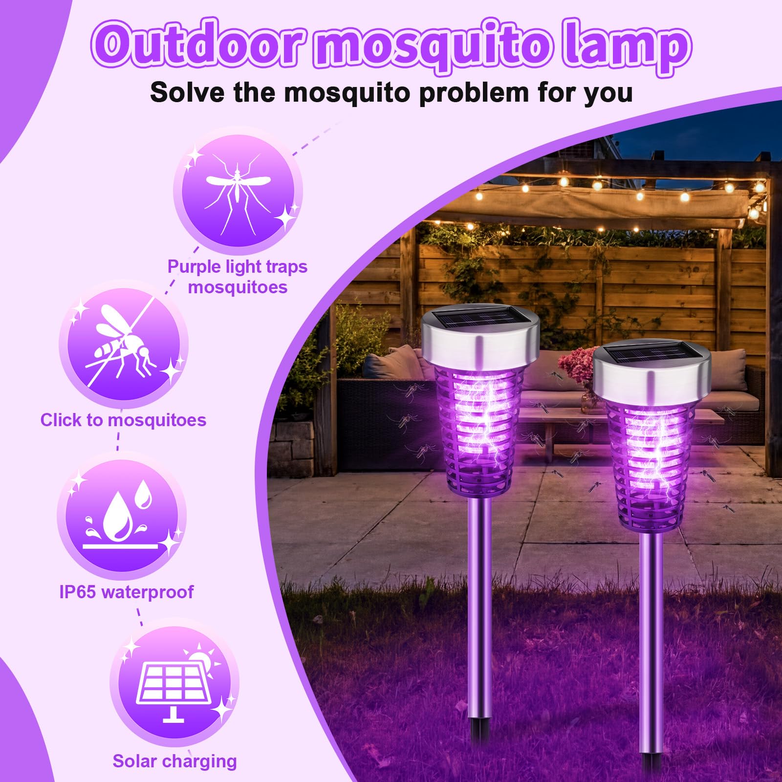 Qualirey 12 Stück Solar Insektenvernichter für den Außenbereich, Violett und warmes Licht, Silber | Mückenschutz Solarbetrieben Wasserdicht LED Licht Lampe Fliegeninsektenvernichter für Outdoor Terrasse Hof Garten Rasen