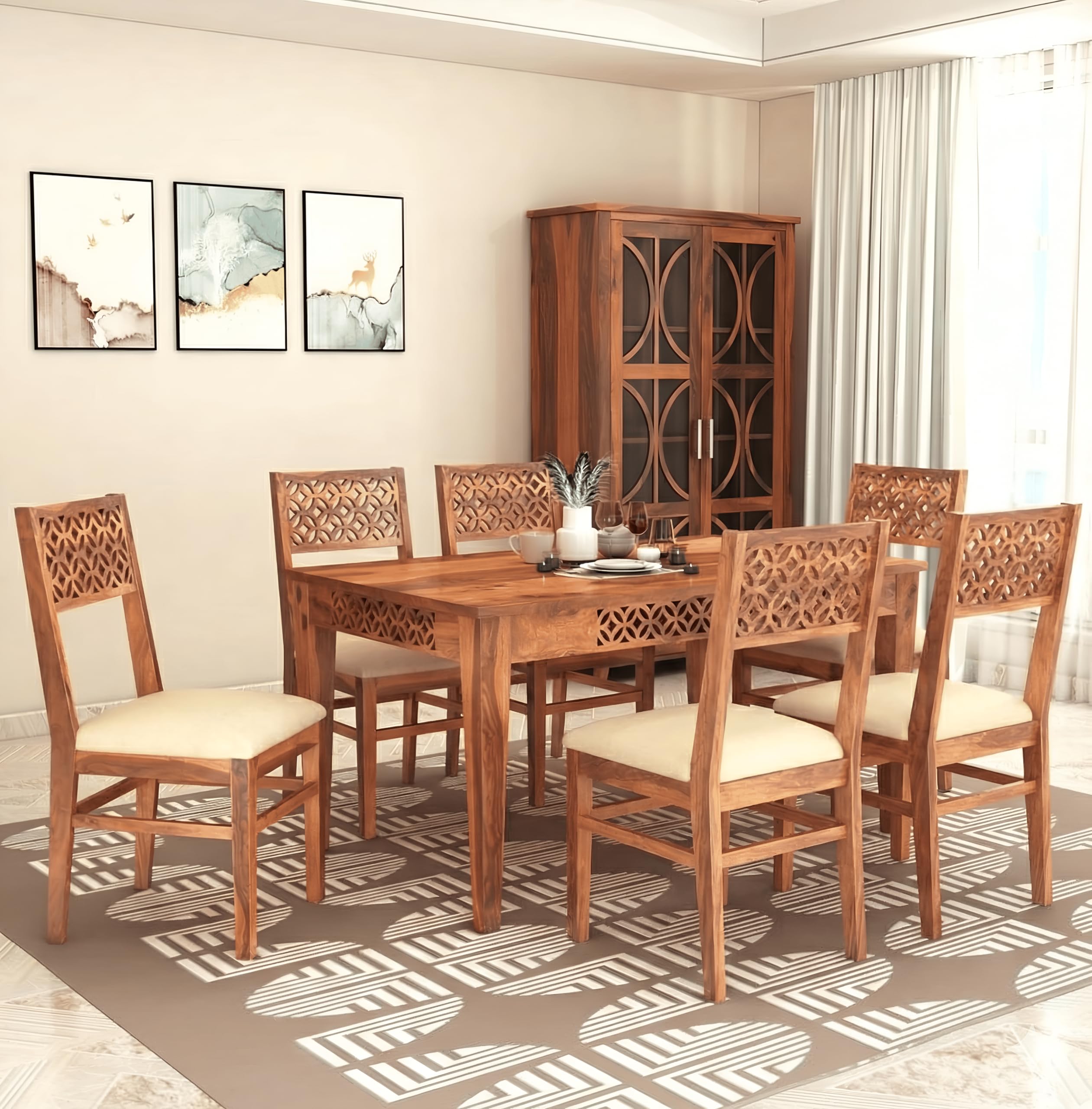 cnc solid sheesham wood dining table set 6 seater dinner dinning table with 6 cushion chair dining furniture for living room home hotel office self assembly (honey finish (cnc-6s)