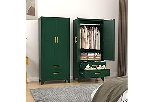 Wardrobe with Mirror, Armoire with 1 Hanging Rod & 5 Shelves, Perfect...